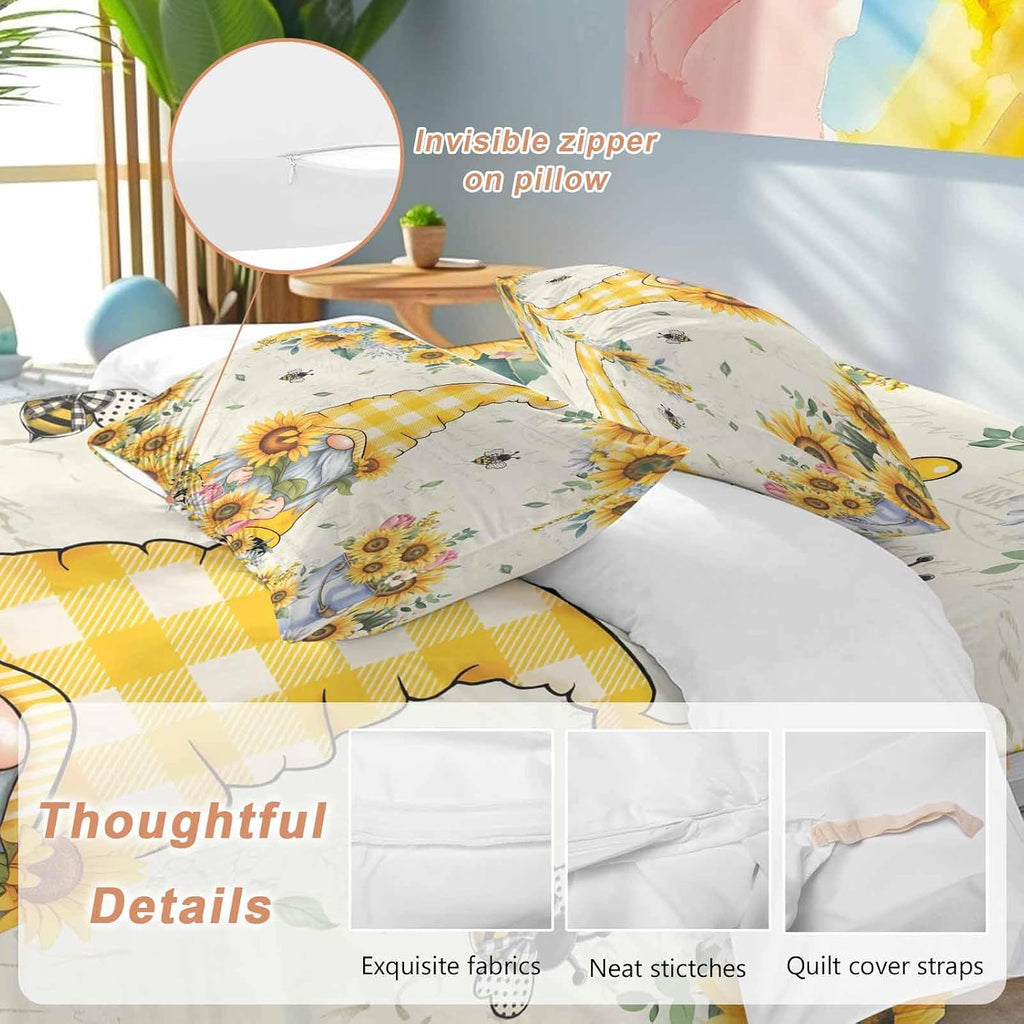 Prime Leader Sunflower Gnome Duvet Cover Set Queen Size 4 Pieces Bee Yellow Flower Leaf Spring Plant Farm Bedding Set with Zipper Closure, 1 Comforter Cover 86x86 Inches 1 Flat Sheet & 2 Pillow Cases