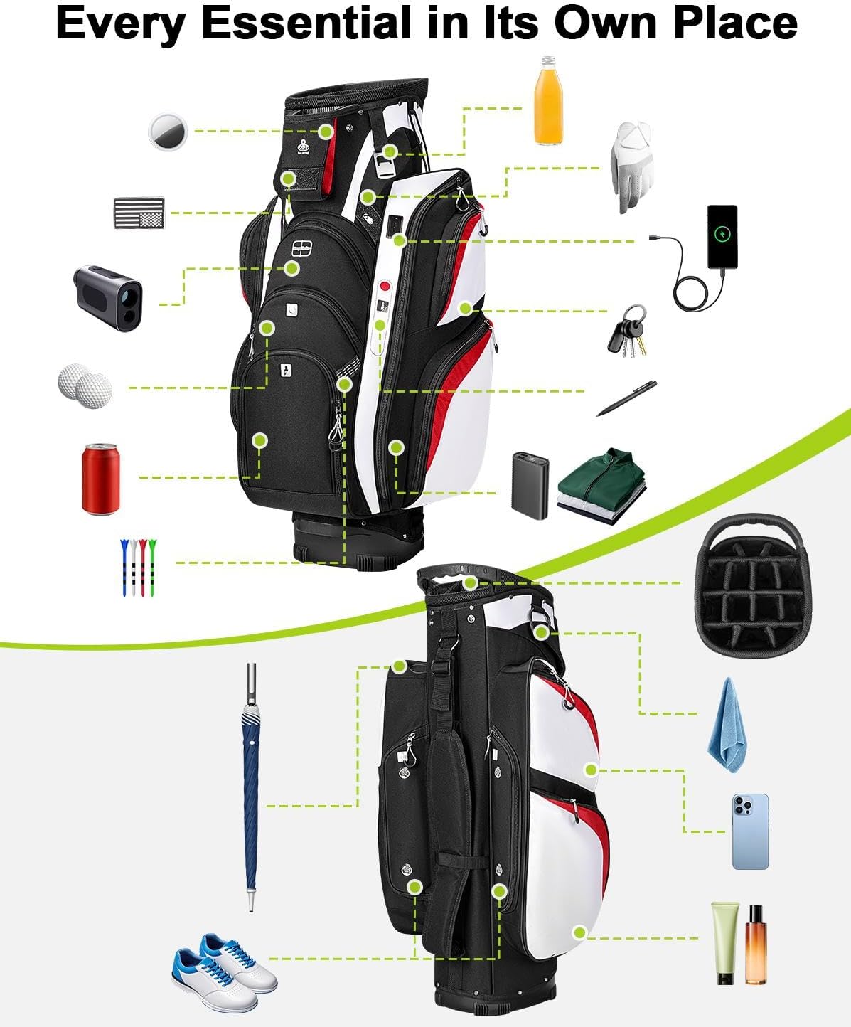 Vancropak Golf Cart Bag, Golf Gifts for Men with 15 Way Divider Top, USB Charging Port, Waterproof Protective Rain Cover, Shoe Compartment, Cooler Pocket, Tracker Slot, Umbrella Holder, Golfer Gifts