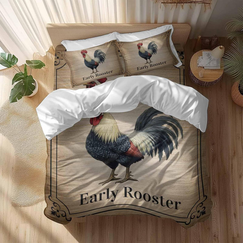 Prime Leader Farmhouse Duvet Cover Set Queen Size 4 Pieces Early Rooster Animals Wood Grain Retro Border Bedding Set with Zipper Closure, 1 Comforter Cover 86x86 Inches 1 Flat Sheet & 2 Pillow Cases