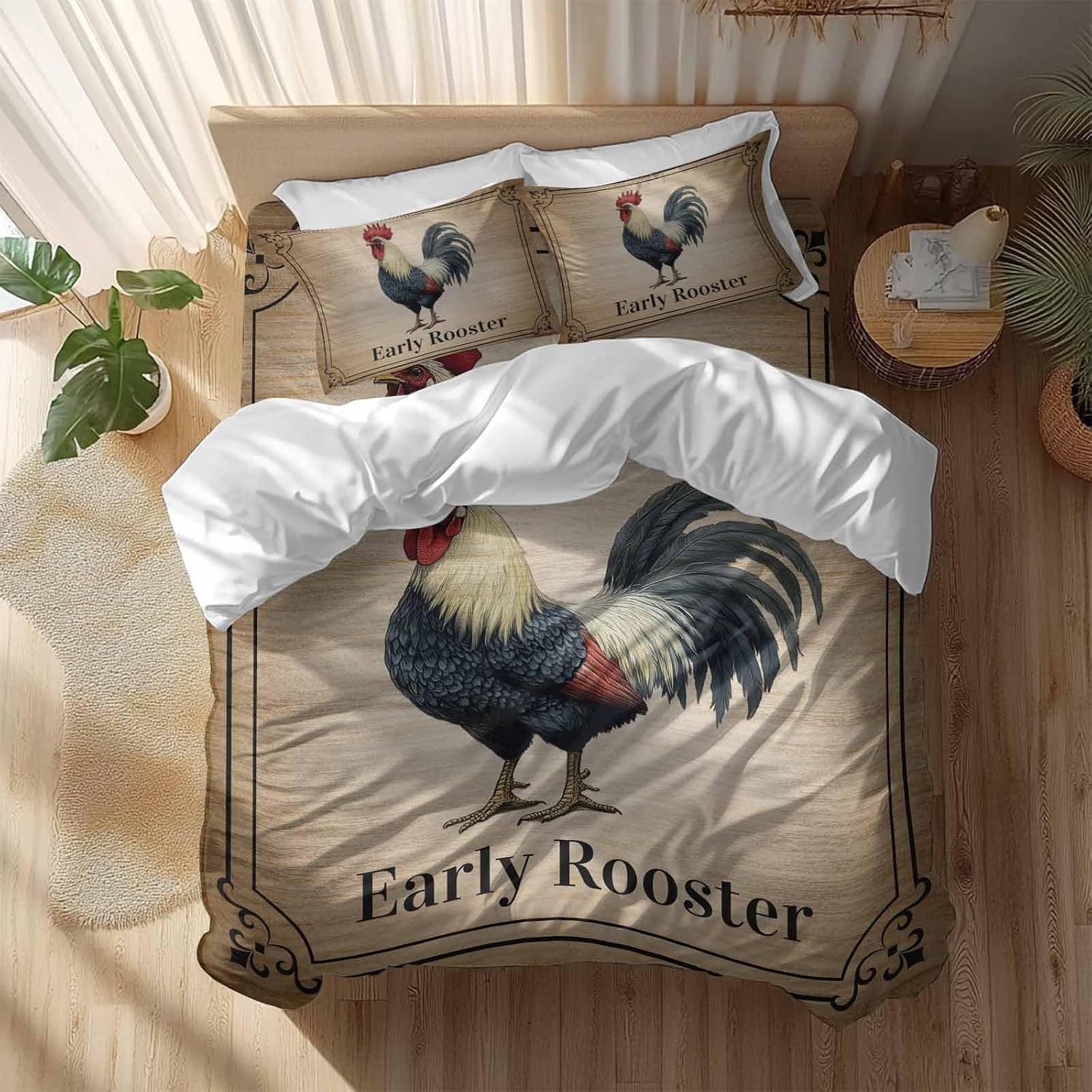 Prime Leader Farmhouse Duvet Cover Set Queen Size 4 Pieces Early Rooster Animals Wood Grain Retro Border Bedding Set with Zipper Closure, 1 Comforter Cover 86x86 Inches 1 Flat Sheet & 2 Pillow Cases