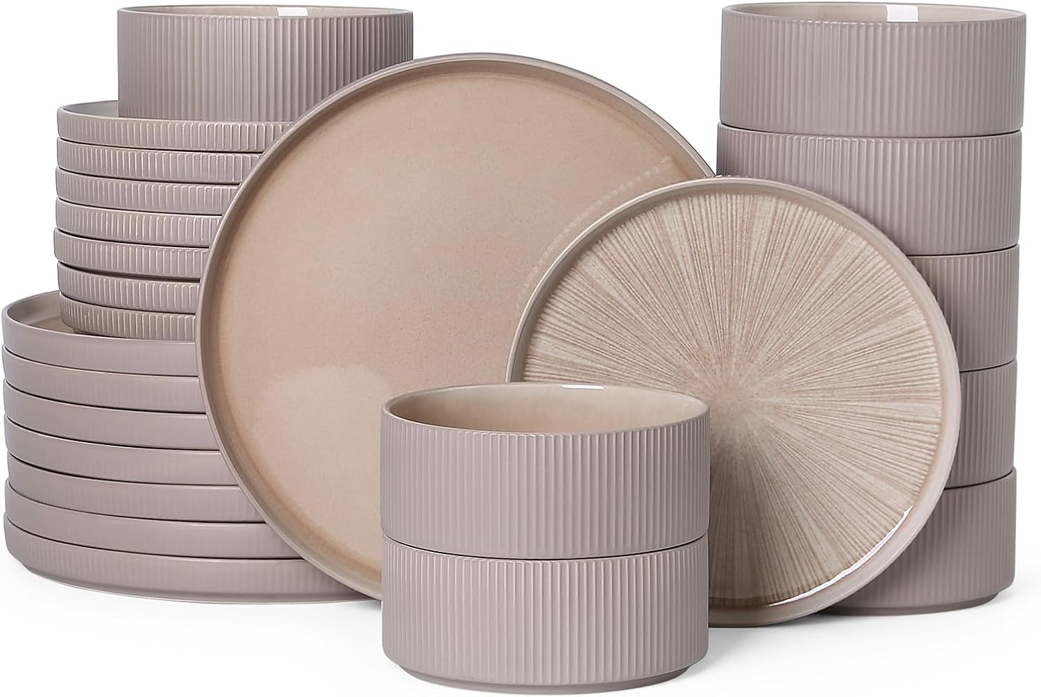 Dinnerware Sets, Ceramic Plates and Bowls Set 24 Piece Dinnerware for 8 Chip Resistant Stoneware with Advanced Inkjet Printing Technology, Dishwasher and Microwave Safe-Dusty Brown