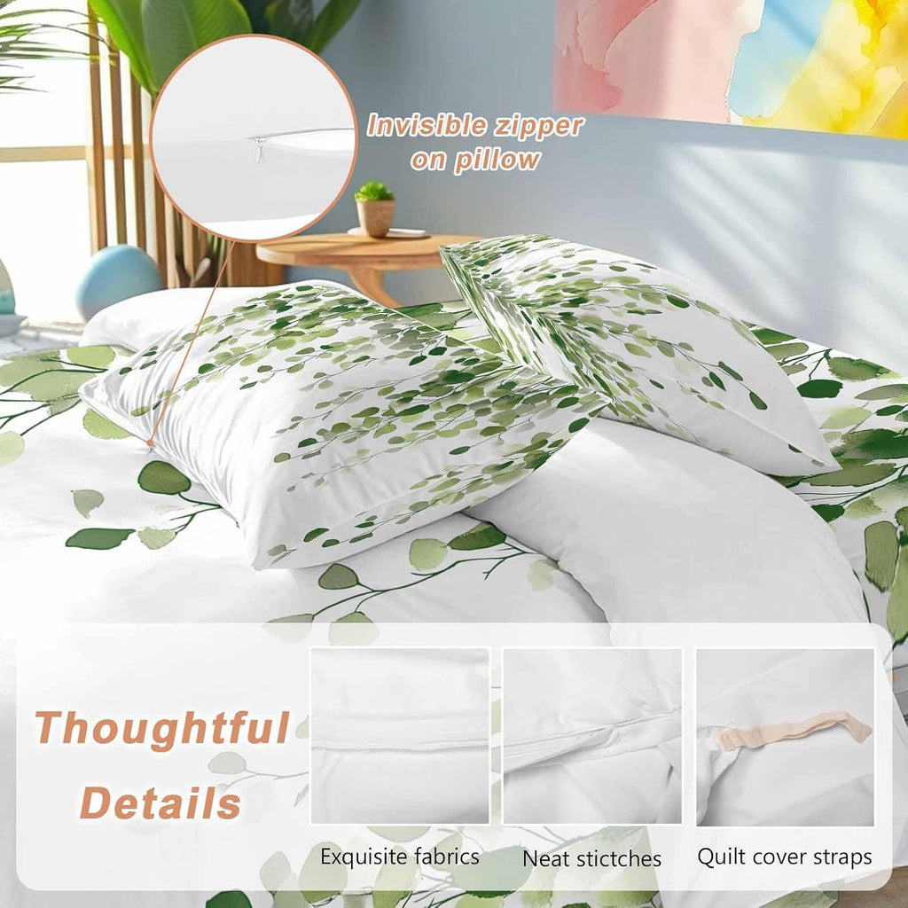 Spring Duvet Cover Set Queen Size 4 Pieces Watercolor Green Eucalyptus Leaves Botanical Plant Bedding Set with Zipper Closure, 1 Comforter Cover 92x106 Inches 1 Flat Sheet & 2 Pillow Cases