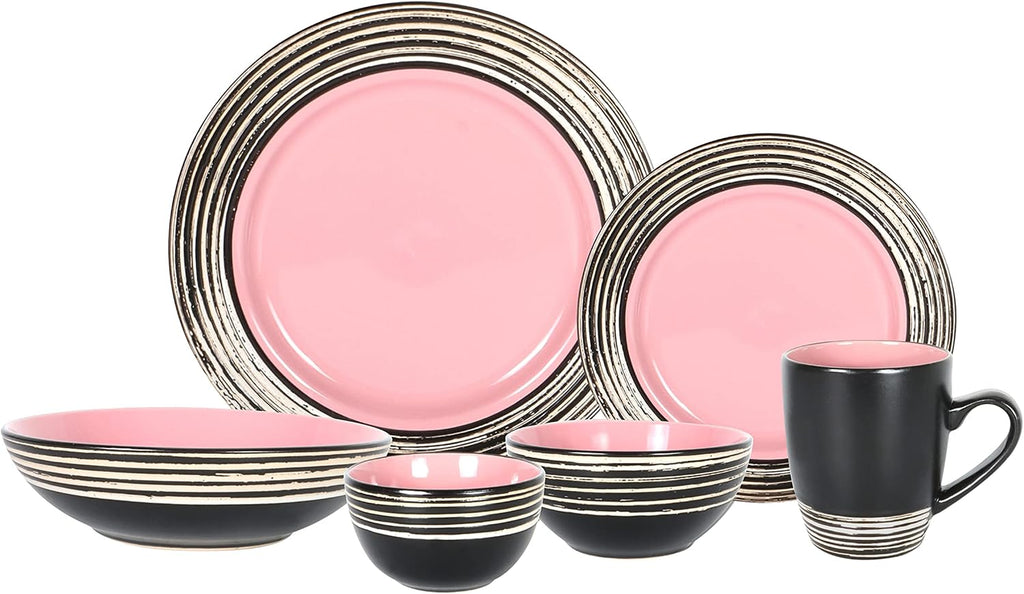 48 Piece Dinnerware Set, Ceramic Plates and Bowls Sets for 8, Microwave and Dishwasher Safe, Handcrafted Tree Bark Series Dish Set, Rose/Pink