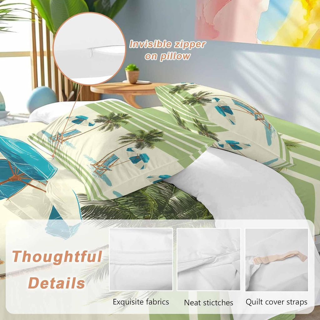 Summer Duvet Cover Set Queen Size 4 Pieces Beach Scene Sun Umbrella Palm Trees Green Yellow Stripe Bedding Set with Zipper Closure, 1 Comforter Cover 90x92 Inches 1 Flat Sheet & 2 Pillow Cases