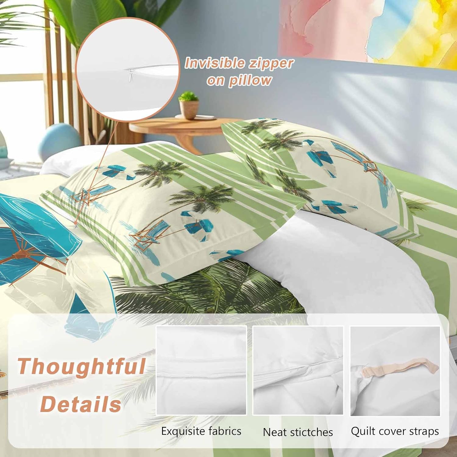 Summer Duvet Cover Set Queen Size 4 Pieces Beach Scene Sun Umbrella Palm Trees Green Yellow Stripe Bedding Set with Zipper Closure, 1 Comforter Cover 92x106 Inches 1 Flat Sheet & 2 Pillow Cases