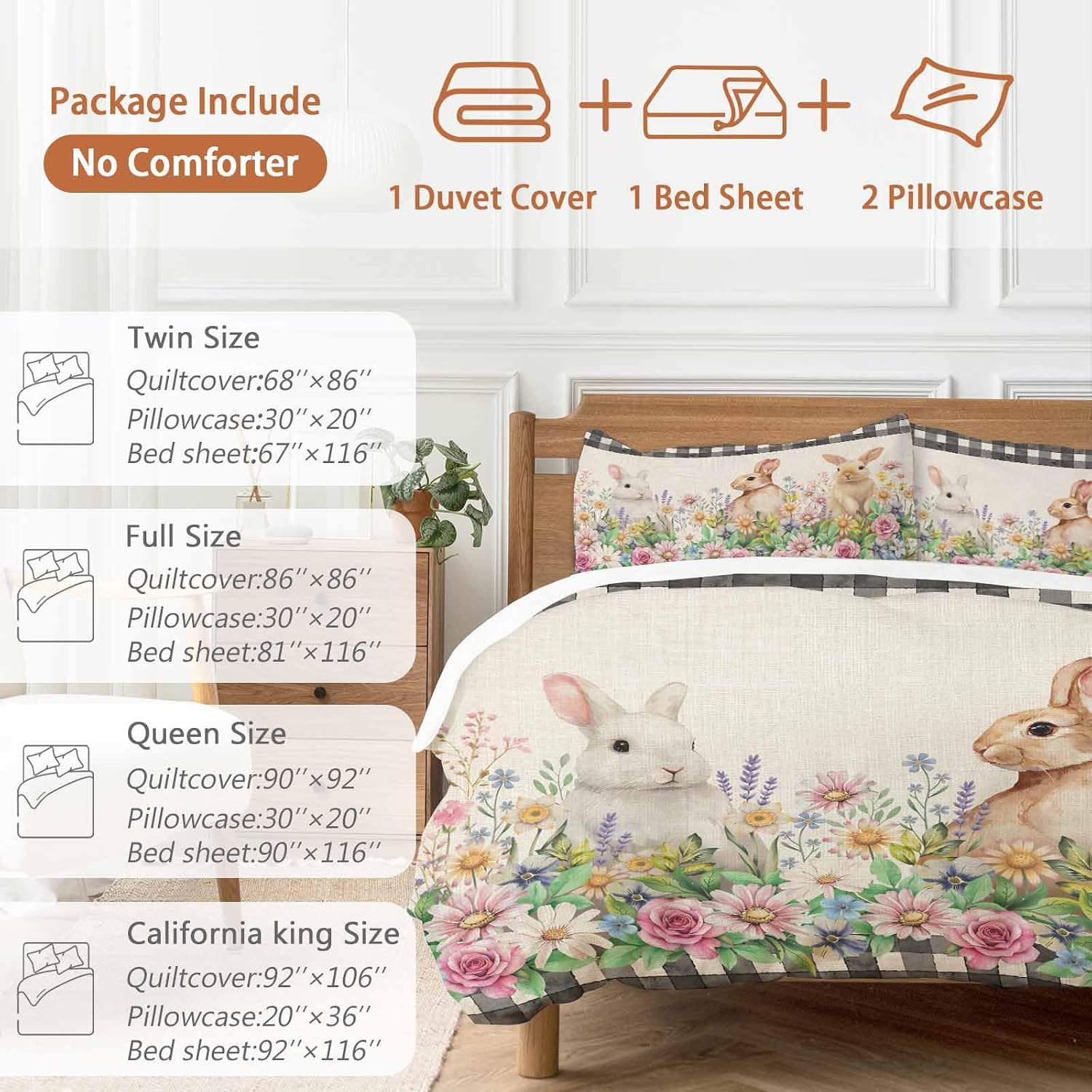 Spring Rabbits Duvet Cover Set Queen Size 4 Pieces Pink Rose Purple Flowers Daisy Vintage Linen Bedding Set with Zipper Closure, 1 Comforter Cover 90x92 Inches 1 Flat Sheet & 2 Pillow Cases