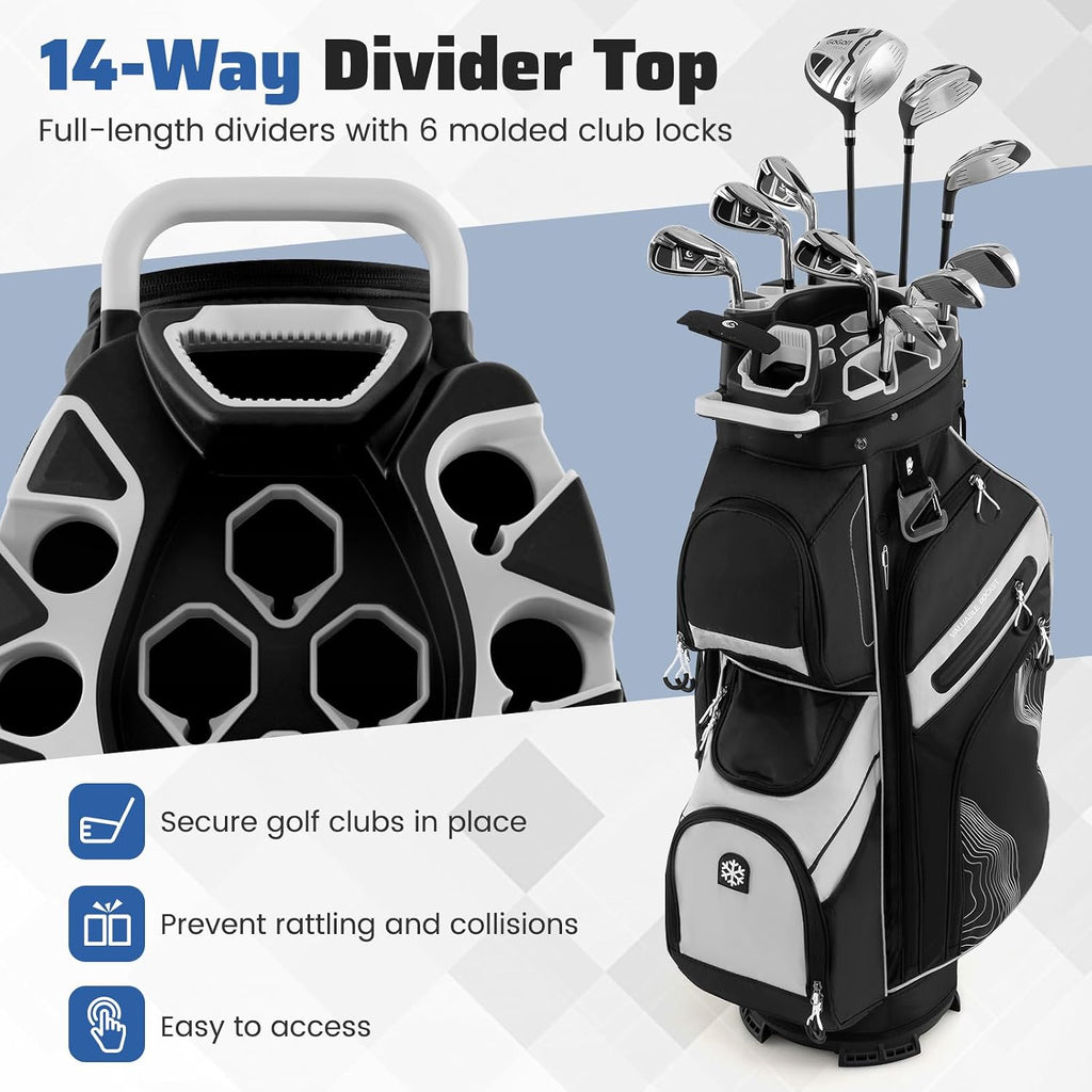 Goplus Lightweight Golf Cart Bag, Molded Lock Top Golf Club Bag w/14-Way Full Length Organizer Dividers, 11 Pockets, Cooler Bag, Straps, Umbrella Holder & Rain Hood for Men Women