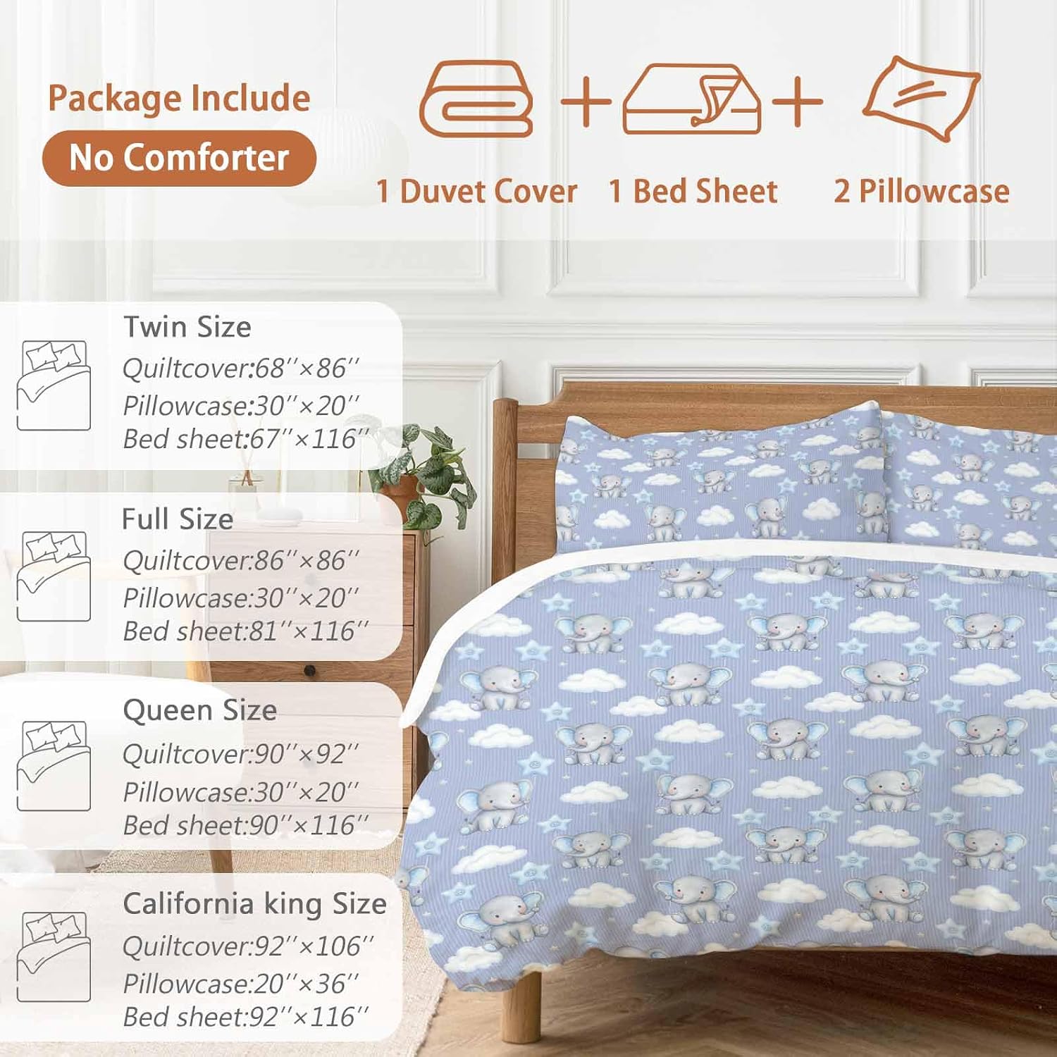 Blue Dreamy Elephant Duvet Cover Set Queen Size 4 Pieces Cartoon Animal Cloud Stars Fairytale Style Bedding Set with Zipper Closure, 1 Comforter Cover 92x106 Inches 1 Flat Sheet & 2 Pillow Cases