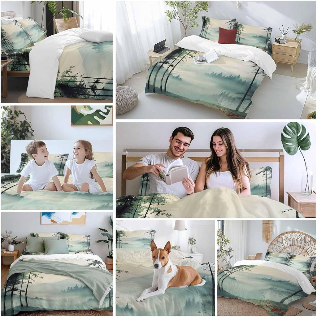 Prime Leader Forest Mountain Landscape Duvet Cover Set Queen Size 4 Pieces Foggy Retro Watercolor Bedding Set with Zipper Closure, 1 Comforter Cover 90x92 Inches 1 Flat Sheet & 2 Pillow Cases