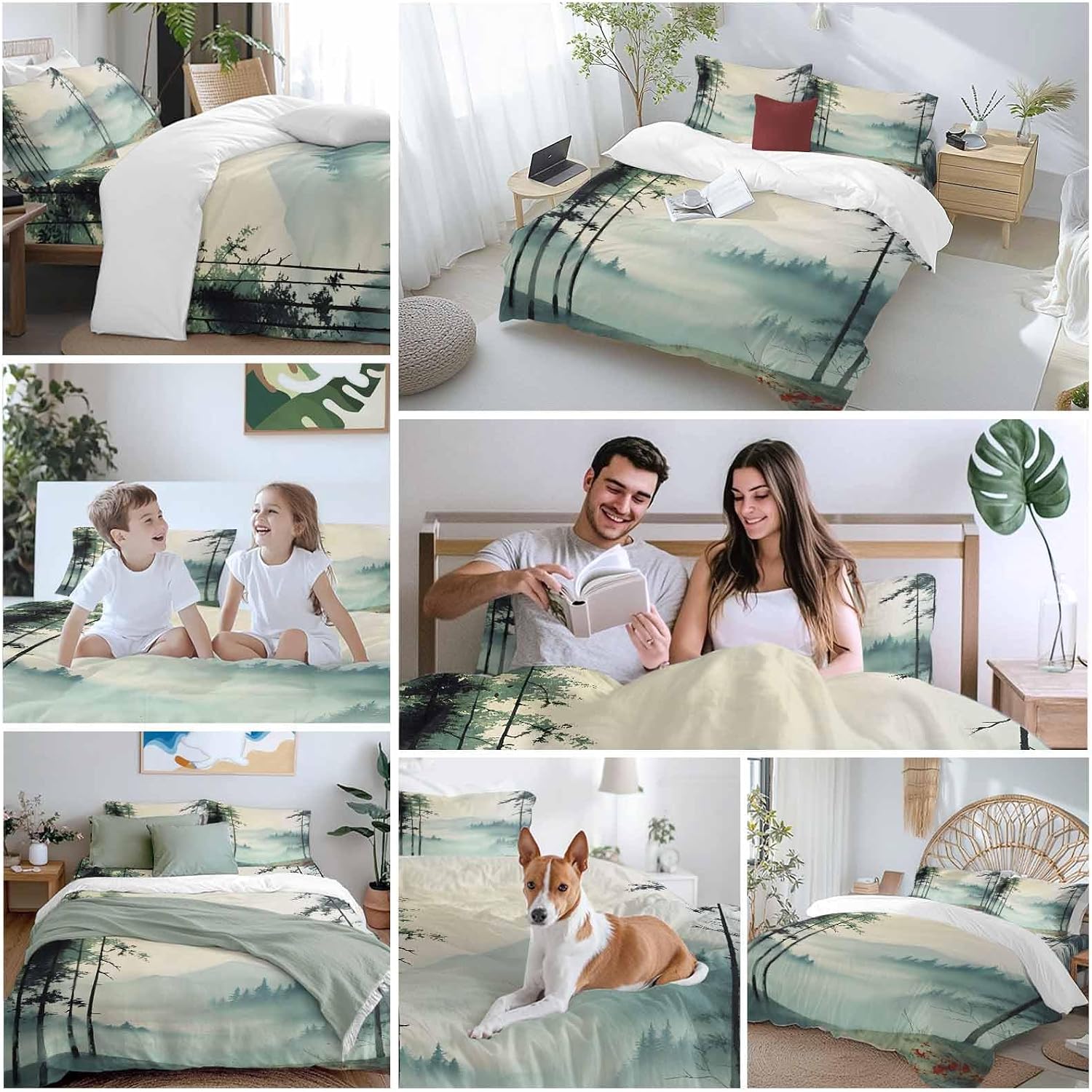 Prime Leader Forest Mountain Landscape Duvet Cover Set Queen Size 4 Pieces Foggy Retro Watercolor Bedding Set with Zipper Closure, 1 Comforter Cover 90x92 Inches 1 Flat Sheet & 2 Pillow Cases