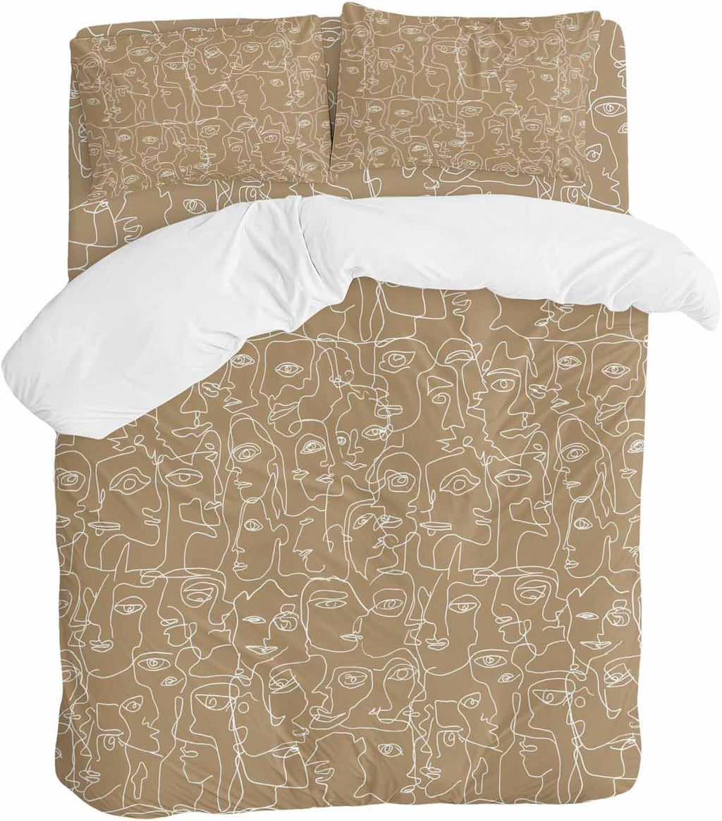 Brown Modern Art Duvet Cover Set Queen Size 4 Pieces White Abstract Line Human Face Minimalist Bedding Set with Zipper Closure, 1 Comforter Cover 90x92 Inches 1 Flat Sheet & 2 Pillow Cases