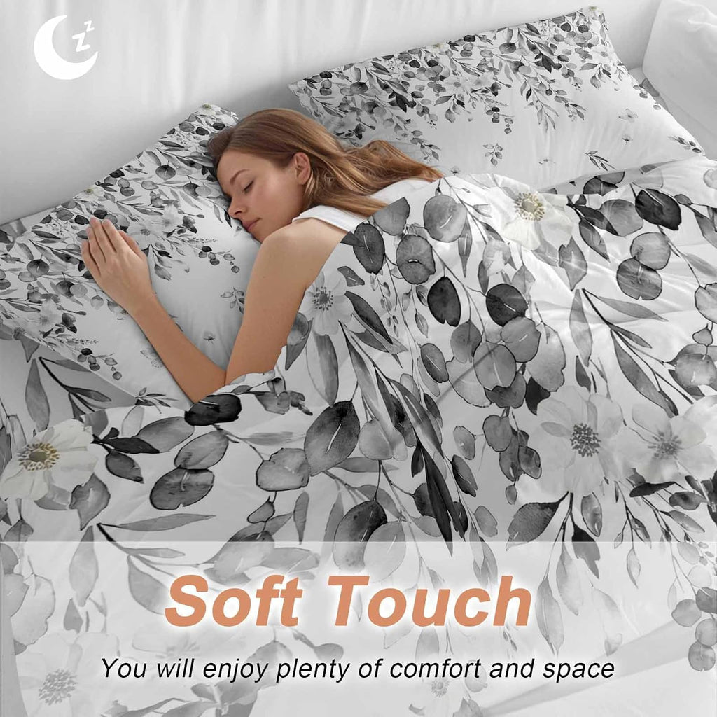 Summer Botanical Duvet Cover Set Queen Size 4 Pieces Gray Eucalyptus Leaves Rustic Farmhouse Pastoral Bedding Set with Zipper Closure, 1 Comforter Cover 90x92 Inches 1 Flat Sheet & 2 Pillow Cases