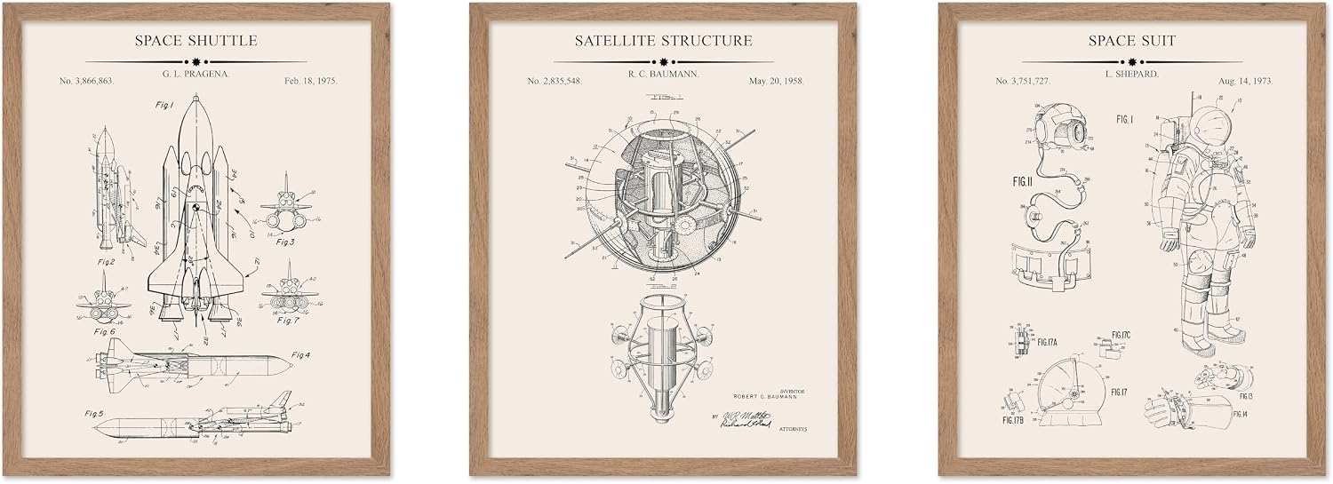 Poster Master 3-Piece Space Blueprint Poster - Space Suit Patent Print - Spaceship Art - NASA Art - Space Rocket Art - Astronaut Art - Great Office or Living Room Wall Decor, 16x20 Beige Framed