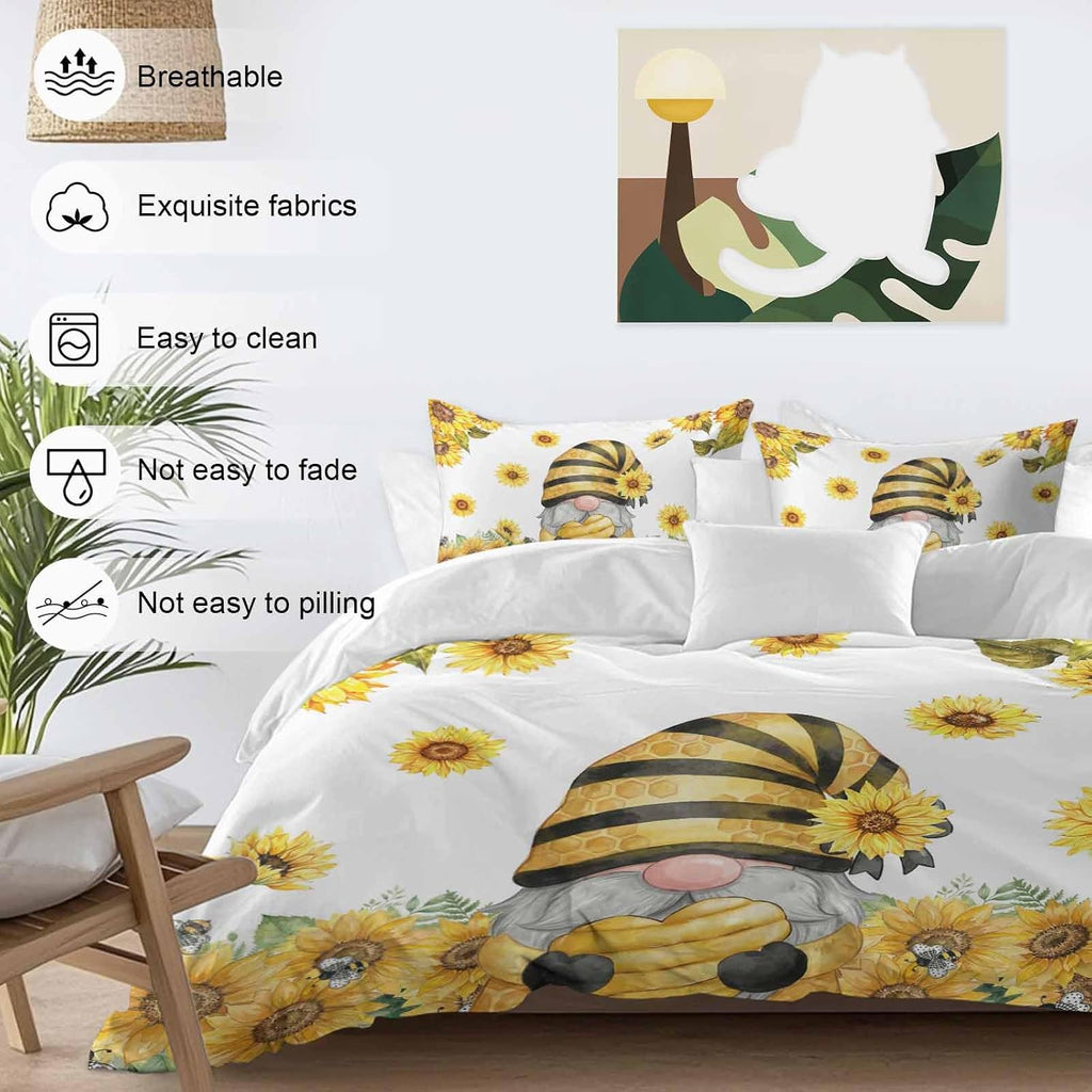 Summer Floral Duvet Cover Set Queen Size 4 Pieces Watercolor Sunflower Cartoon Gnome Farm Bee Bedding Set with Zipper Closure, 1 Comforter Cover 86x86 Inches 1 Flat Sheet & 2 Pillow Cases