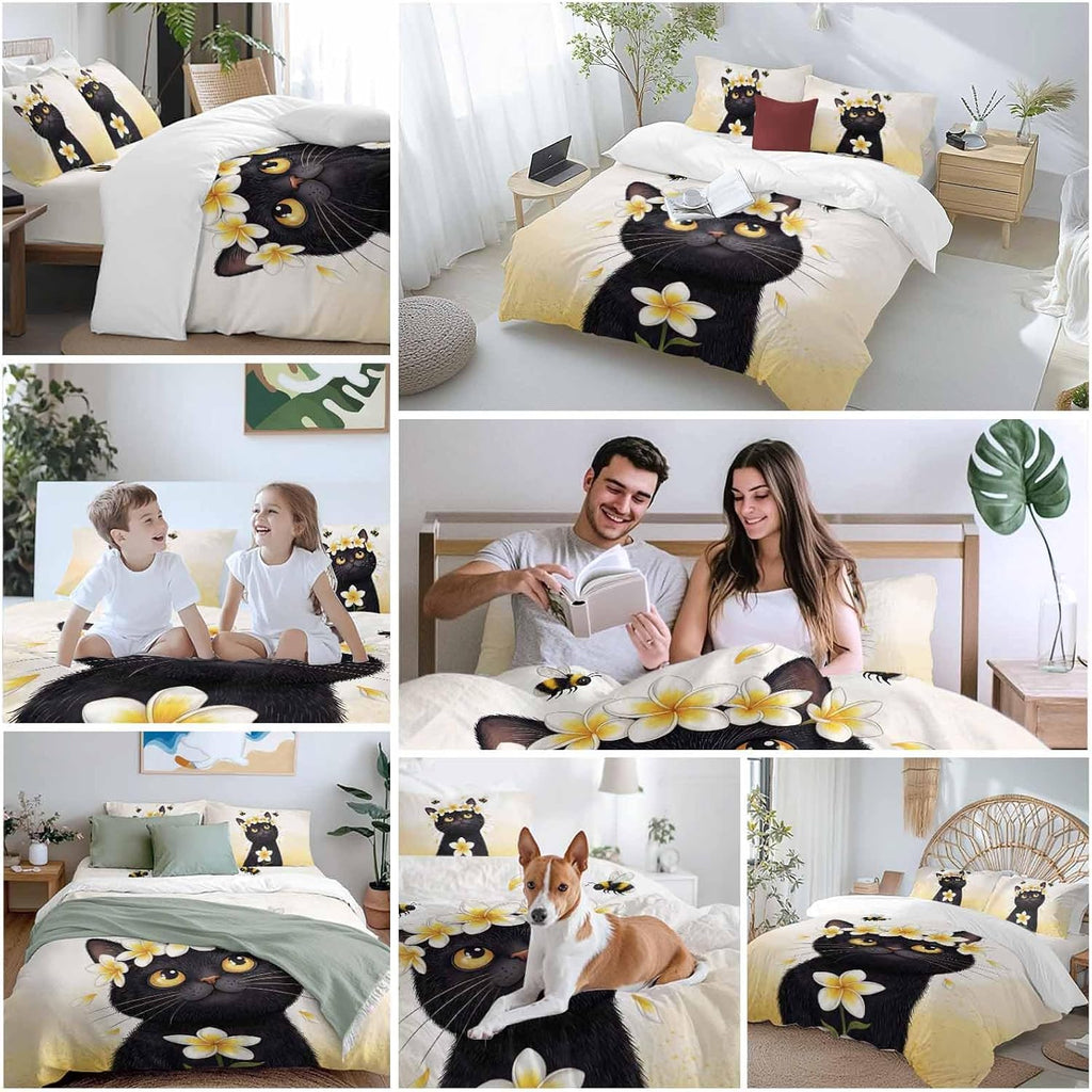 Prime Leader Cute Black Cat Duvet Cover Set Queen Size 4 Pieces Yellow Flower Bee Country Style Fields Bedding Set with Zipper Closure, 1 Comforter Cover 86x86 Inches 1 Flat Sheet & 2 Pillow Cases