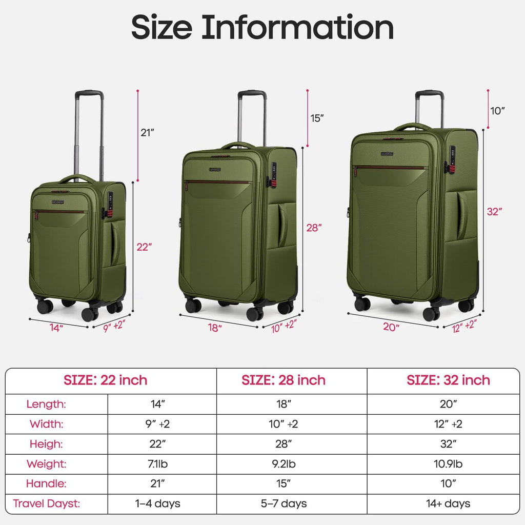 3PCS Set Softside Luggage Sets w/ Spinner Wheels,Expandable 20% Suitcase Upright Spinner Softshell w/TSA LOCK, Lightweight Durable Rolling Travel Luggage Set for Men/Women（Green,22in/28in/32in）