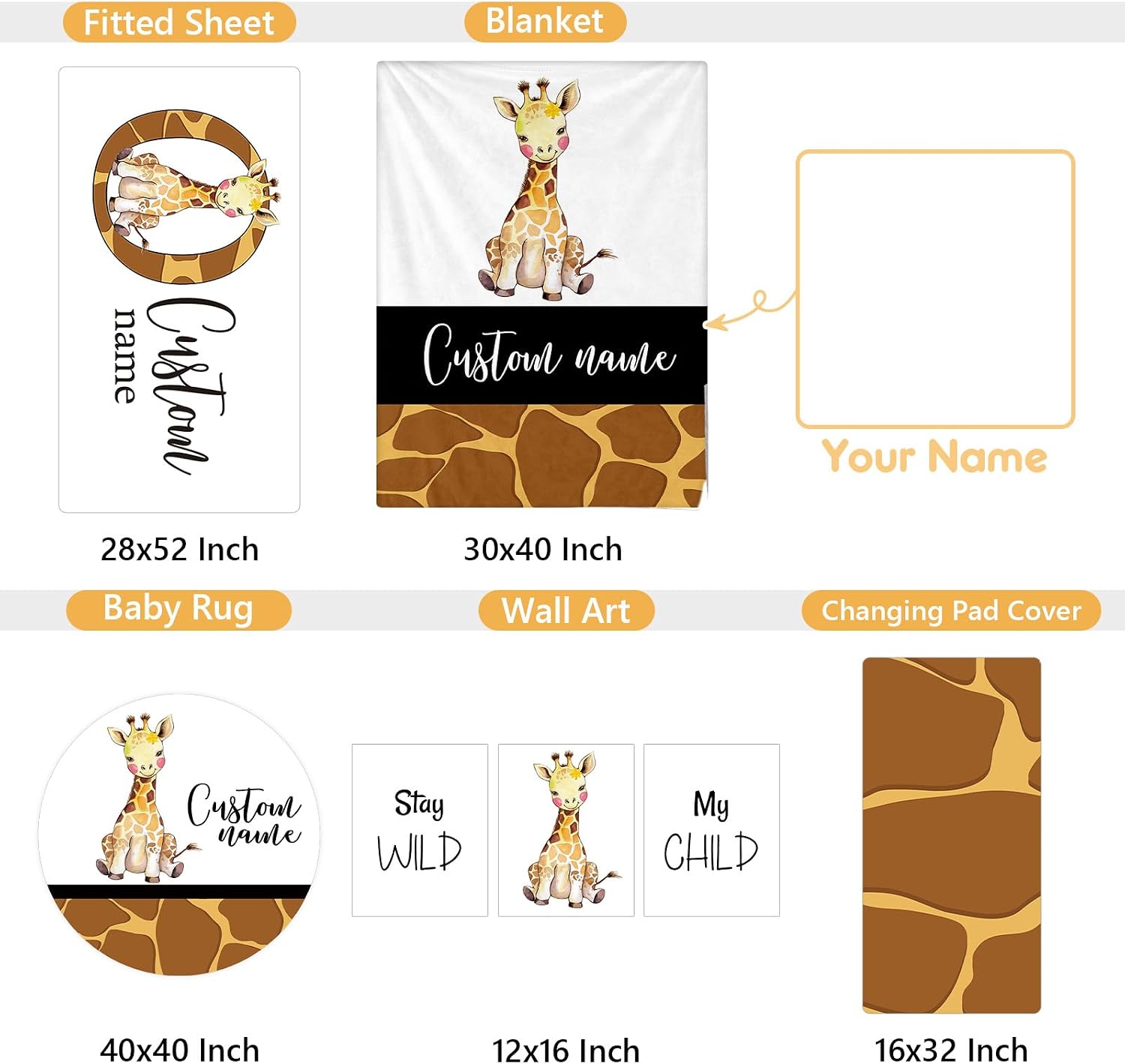 Terwex Personalized Crib Bedding Set, 5 Pcs Custom Name Nursery Bedding Sets, Giraff Infant Bedding Set for Boys Girls, Double Layer Flannel Baby Crib Set, Customized Gifts for Babies Toddlers Kids