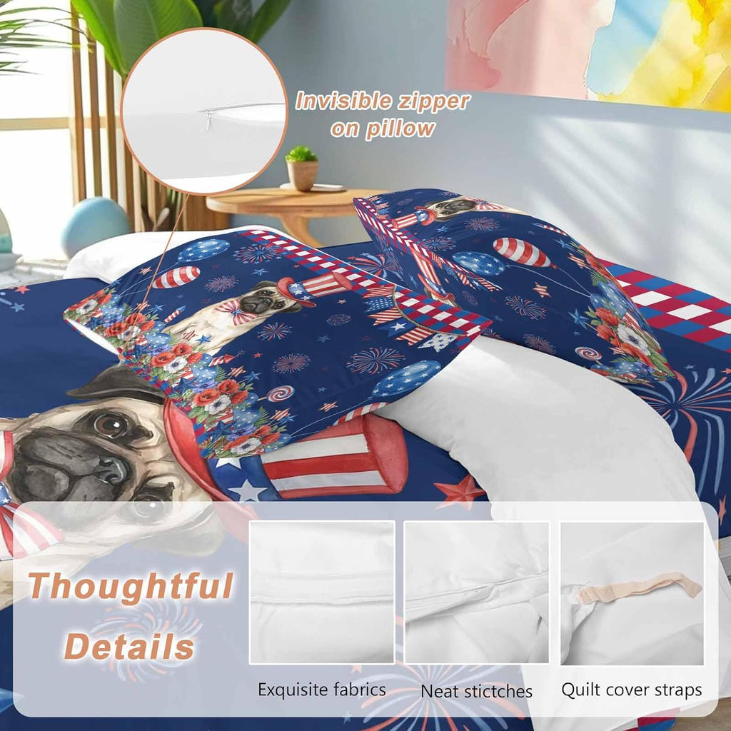 Independence Day Duvet Cover Set Queen Size 4 Pieces Cartoon Pug Dog Cute Puppy Colorful Poppy Bedding Set with Zipper Closure, 1 Comforter Cover 86x86 Inches 1 Flat Sheet & 2 Pillow Cases