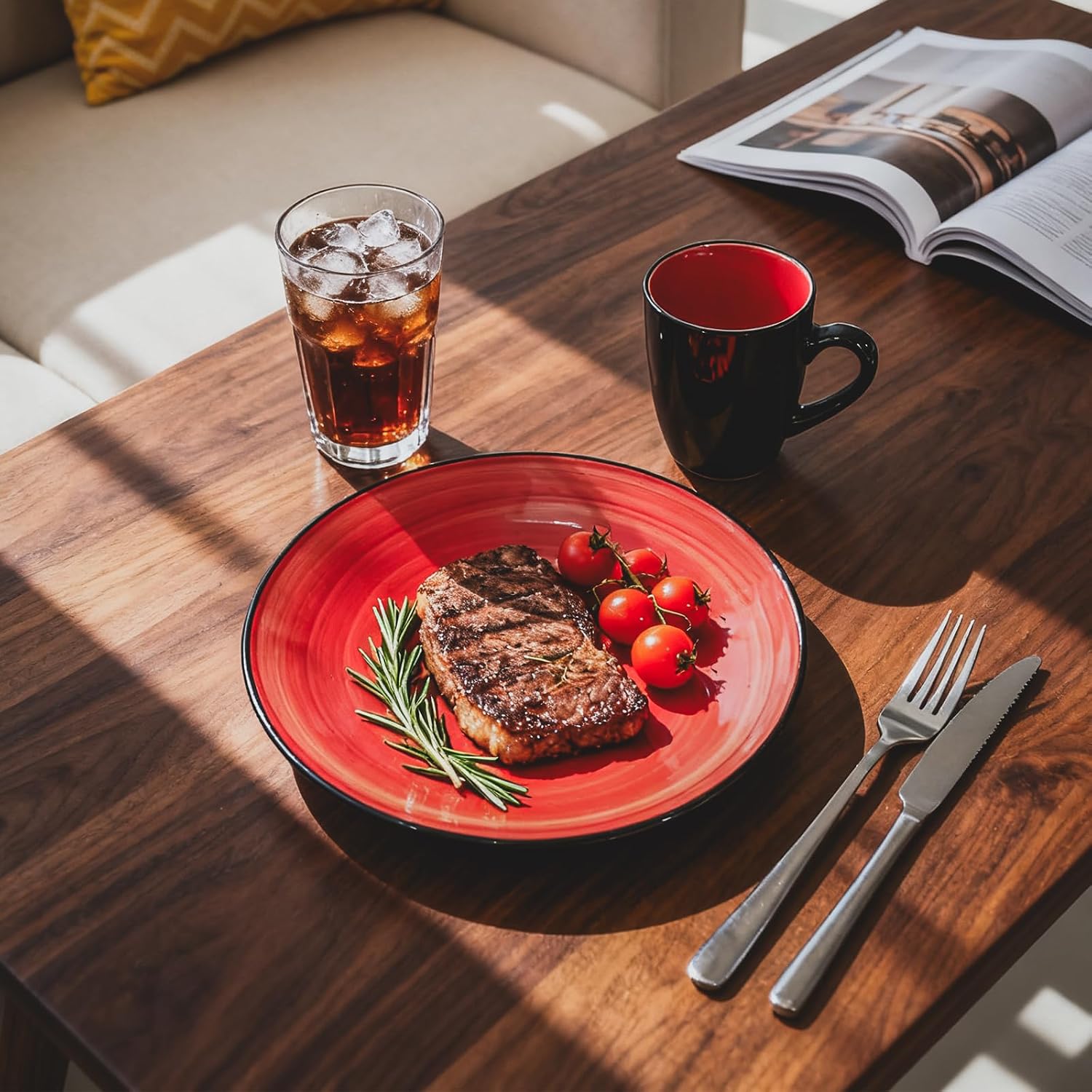 Stoneware Sonoma 56pc Dinnerware Set, Black + Speckled Spin Wash Red