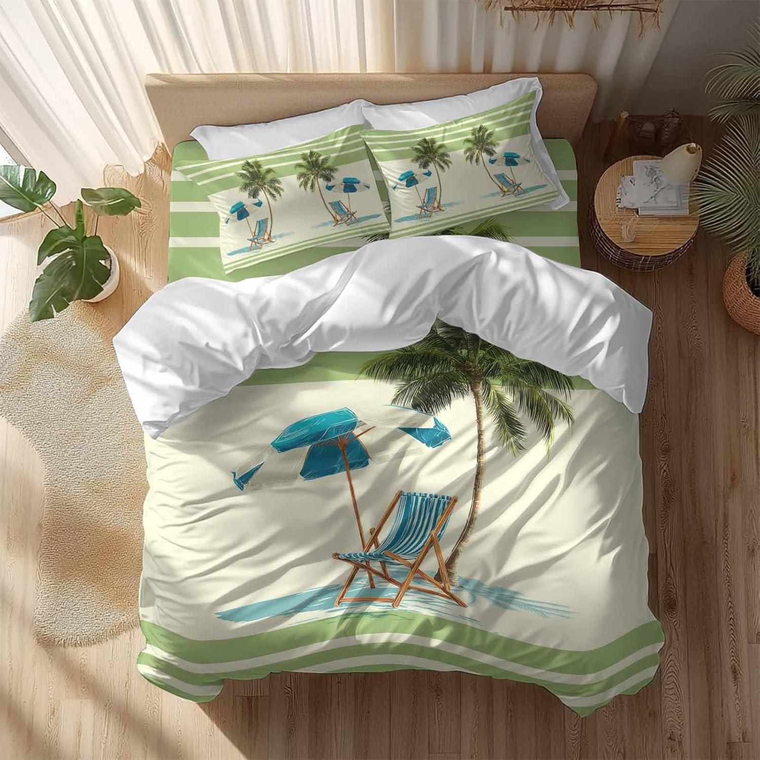 Summer Duvet Cover Set Queen Size 4 Pieces Beach Scene Sun Umbrella Palm Trees Green Yellow Stripe Bedding Set with Zipper Closure, 1 Comforter Cover 92x106 Inches 1 Flat Sheet & 2 Pillow Cases