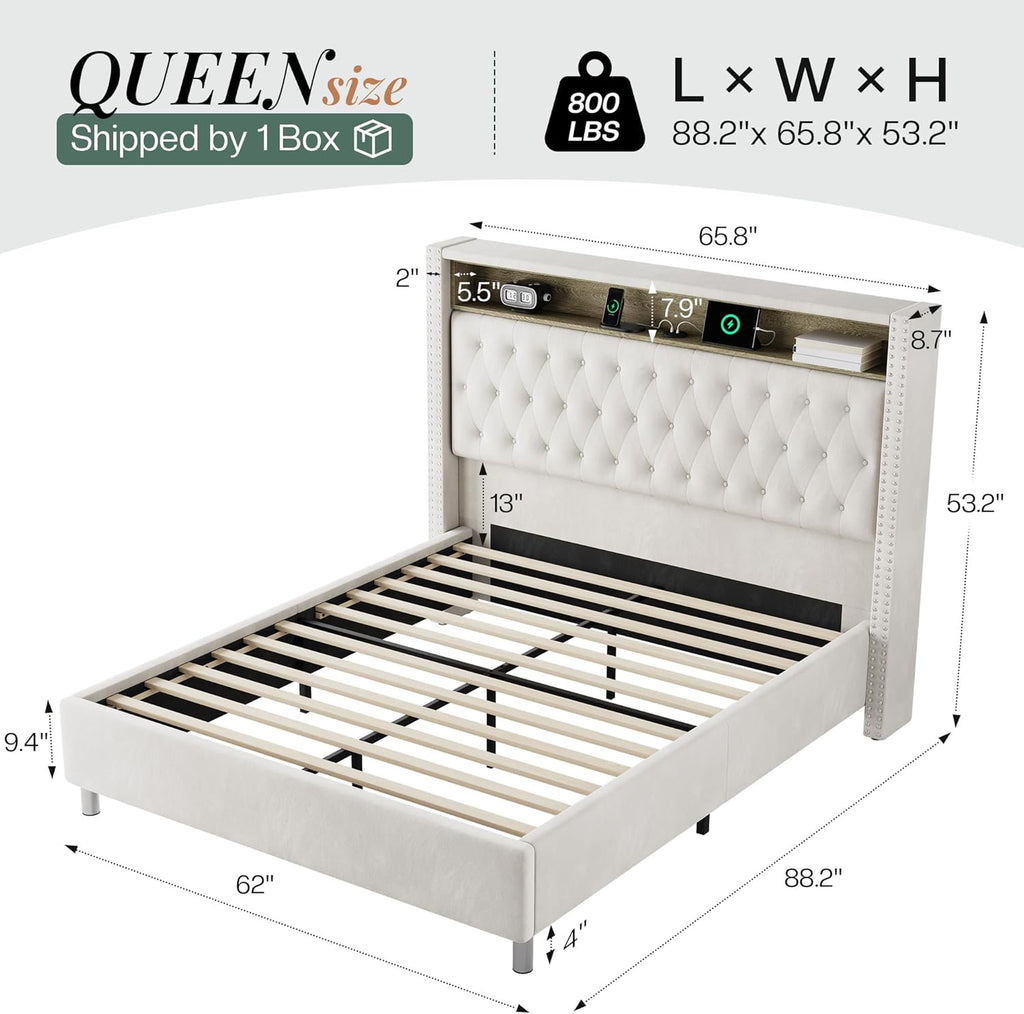 Jocisland 53.2'' Queen Size Bed Frame with Tall Storage Headboard, LED Lights & Charging Station, Velvet High Upholstered Button Tufted Wingback Platform Bed, No Box Spring Needed, Cream