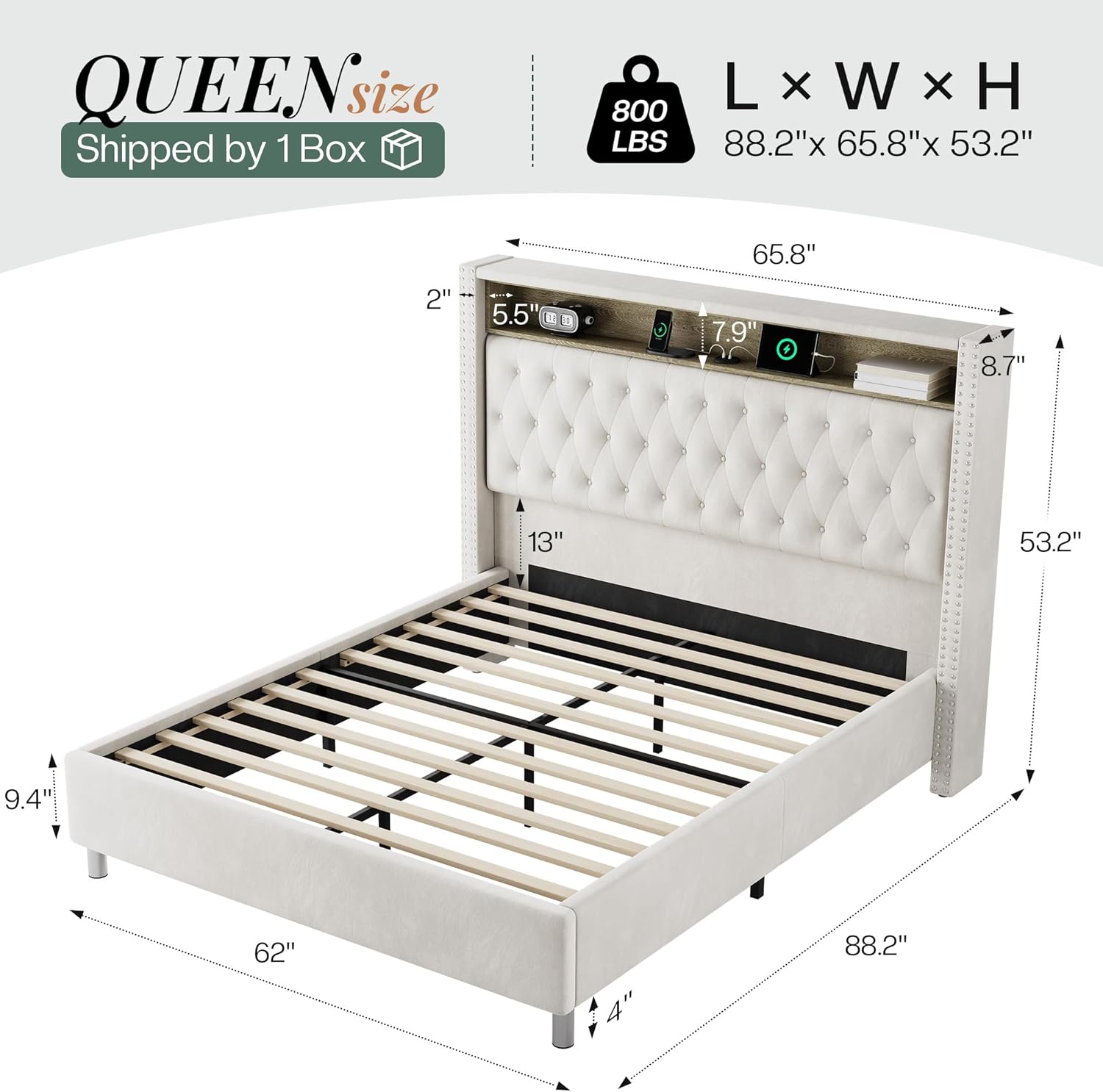 Jocisland 53.2'' Queen Size Bed Frame with Tall Storage Headboard, LED Lights & Charging Station, Velvet High Upholstered Button Tufted Wingback Platform Bed, No Box Spring Needed, Cream