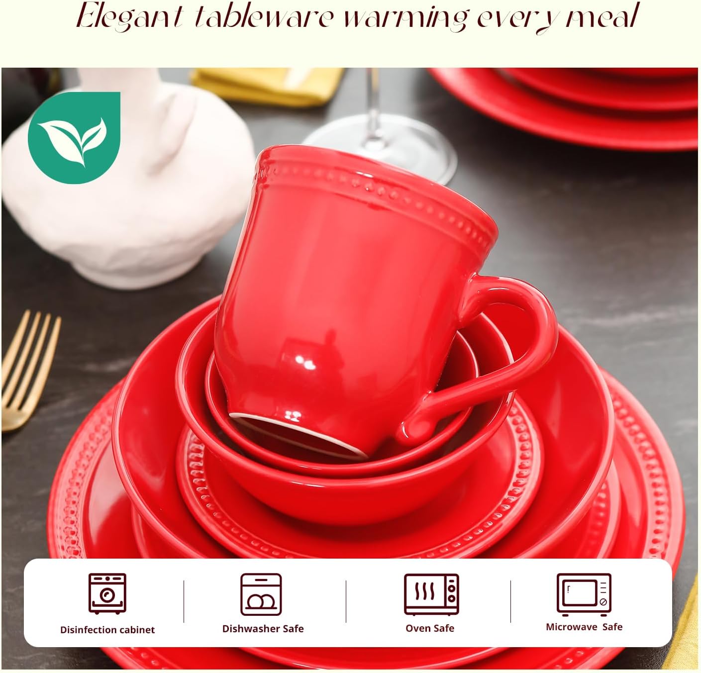 Pearl Dots Stoneware Dinnerware Set (56pc Set, Red)