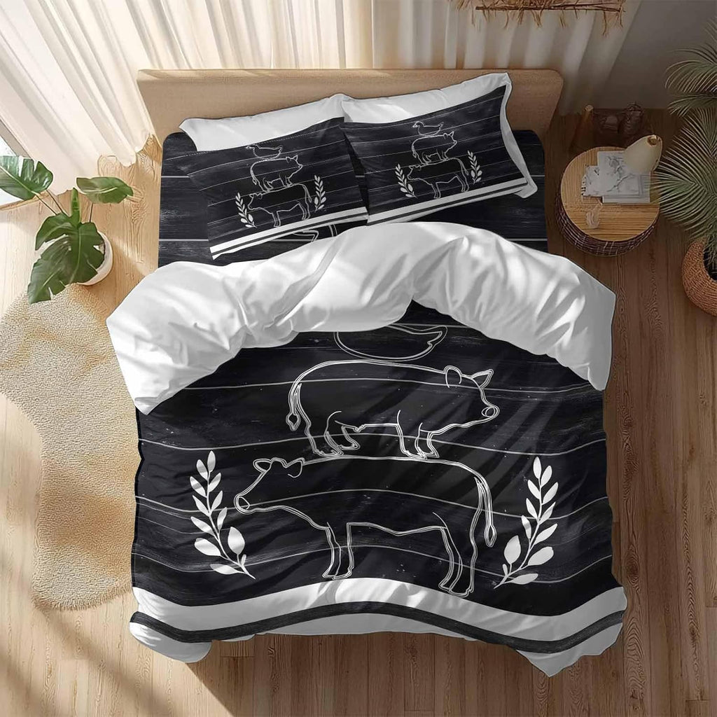 Farm Animals Duvet Cover Set Queen Size 4 Pieces Farmhouse Black Gray Cow Pig Duck Black Wood Grain Bedding Set with Zipper Closure, 1 Comforter Cover 92x106 Inches 1 Flat Sheet & 2 Pillow Cases