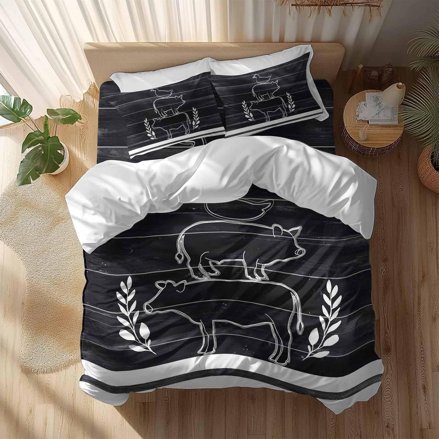 Farm Animals Duvet Cover Set Queen Size 4 Pieces Farmhouse Black Gray Cow Pig Duck Black Wood Grain Bedding Set with Zipper Closure, 1 Comforter Cover 90x92 Inches 1 Flat Sheet & 2 Pillow Cases