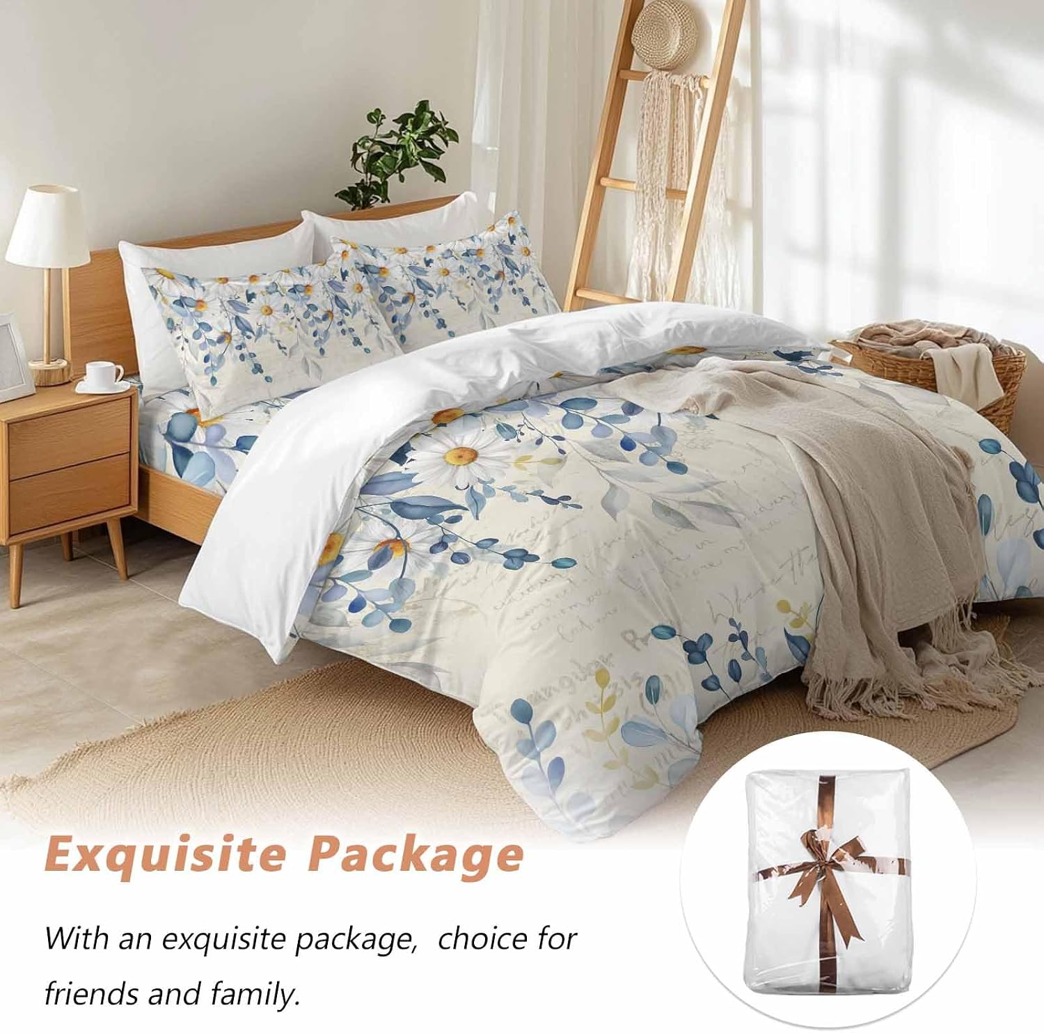 Spring Eucalyptus Leaves Duvet Cover Set Queen Size 4 Pieces Country Vintage Blue Leaf White Daisy Bedding Set with Zipper Closure, 1 Comforter Cover 86x86 Inches 1 Flat Sheet & 2 Pillow Cases