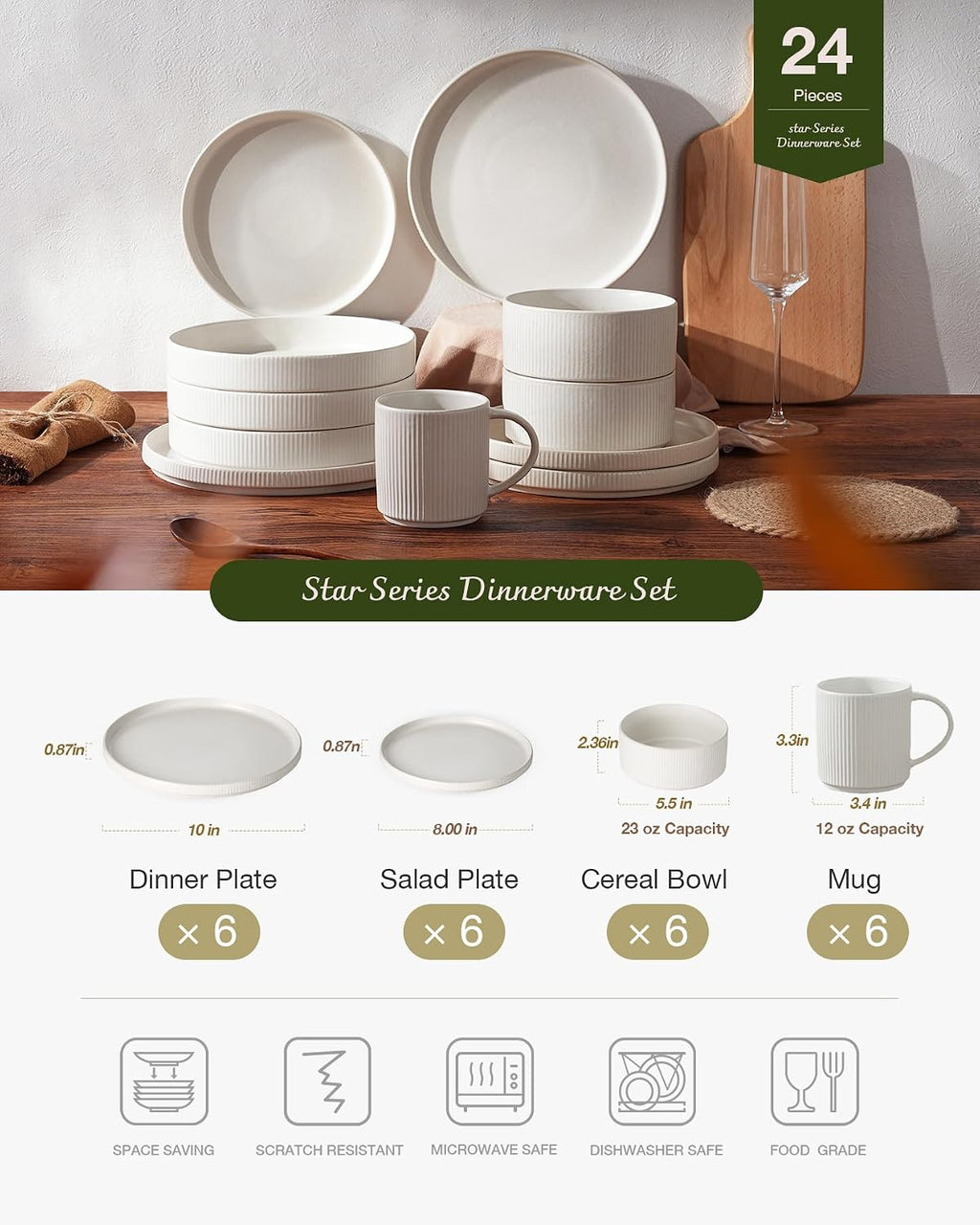 Famiware Star Dinnerware Set with Mugs, Service for 6 (24 Pieces), Ribbed Stoneware Plates and Bowls Dishes Sets - Chip & Scratch Resistant, Microwave & Dishwasher Safe, Matte White