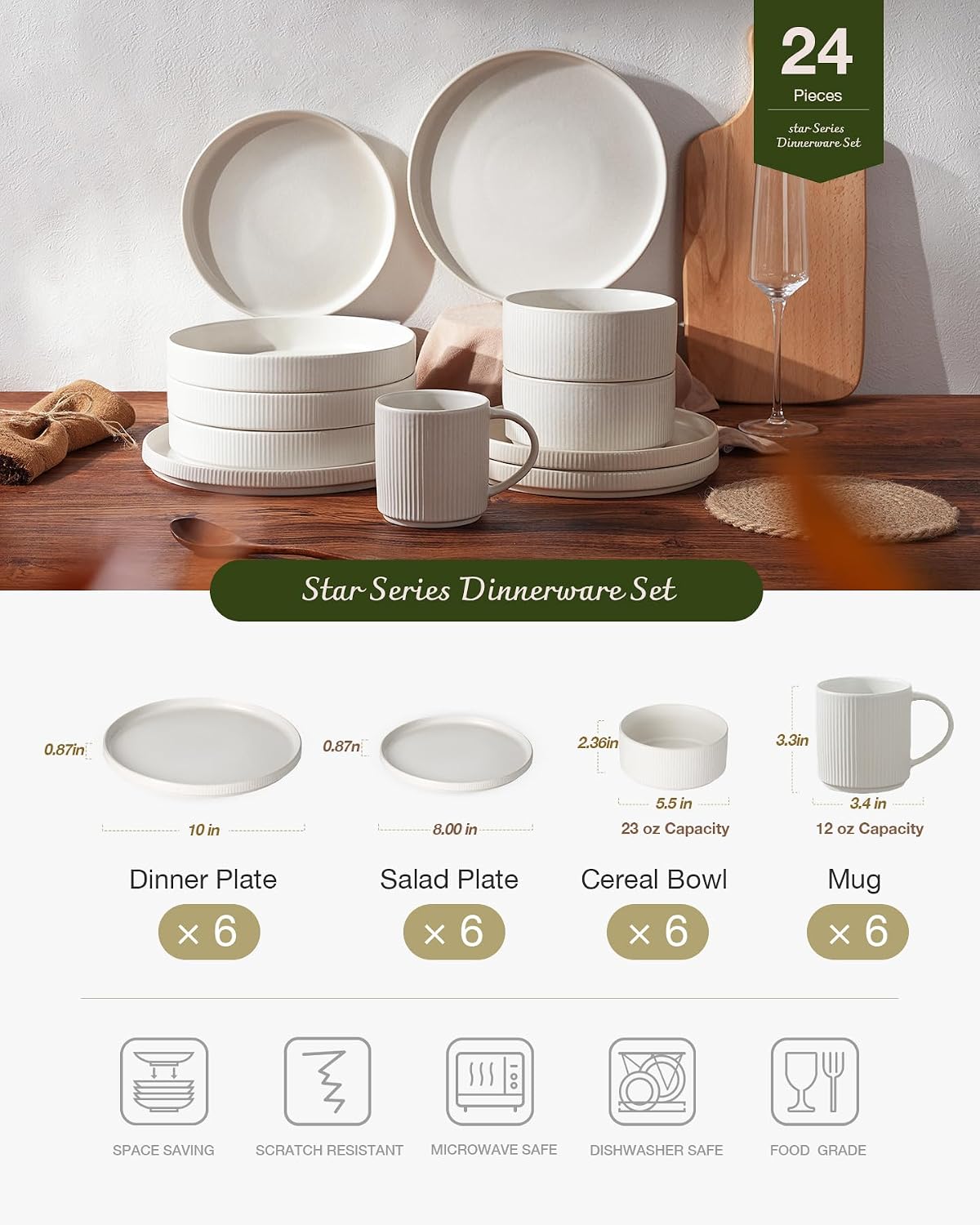 Famiware Star Dinnerware Set with Mugs, Service for 6 (24 Pieces), Ribbed Stoneware Plates and Bowls Dishes Sets - Chip & Scratch Resistant, Microwave & Dishwasher Safe, Matte White