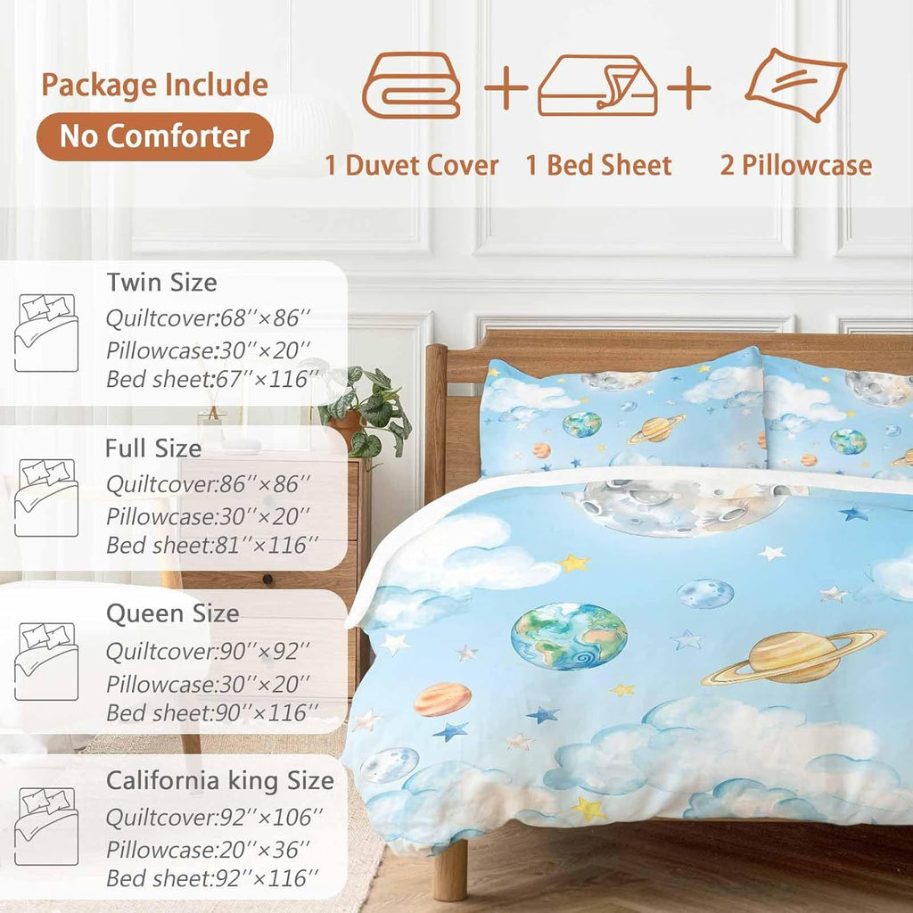 Prime Leader Planets Blue Sky Duvet Cover Set Queen Size 4 Pieces Earth Moon Yellow Star Clouds Dreamy Bedding Set with Zipper Closure, 1 Comforter Cover 90x92 Inches 1 Flat Sheet & 2 Pillow Cases