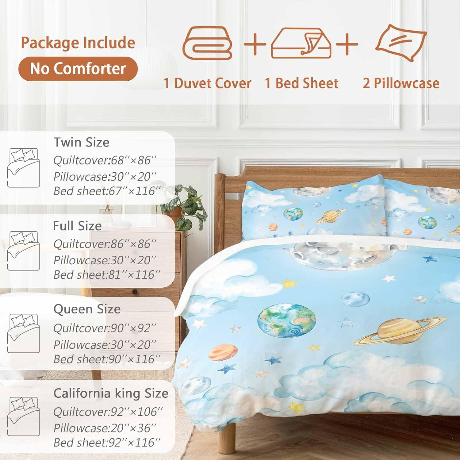 Prime Leader Planets Blue Sky Duvet Cover Set Queen Size 4 Pieces Earth Moon Yellow Star Clouds Dreamy Bedding Set with Zipper Closure, 1 Comforter Cover 90x92 Inches 1 Flat Sheet & 2 Pillow Cases