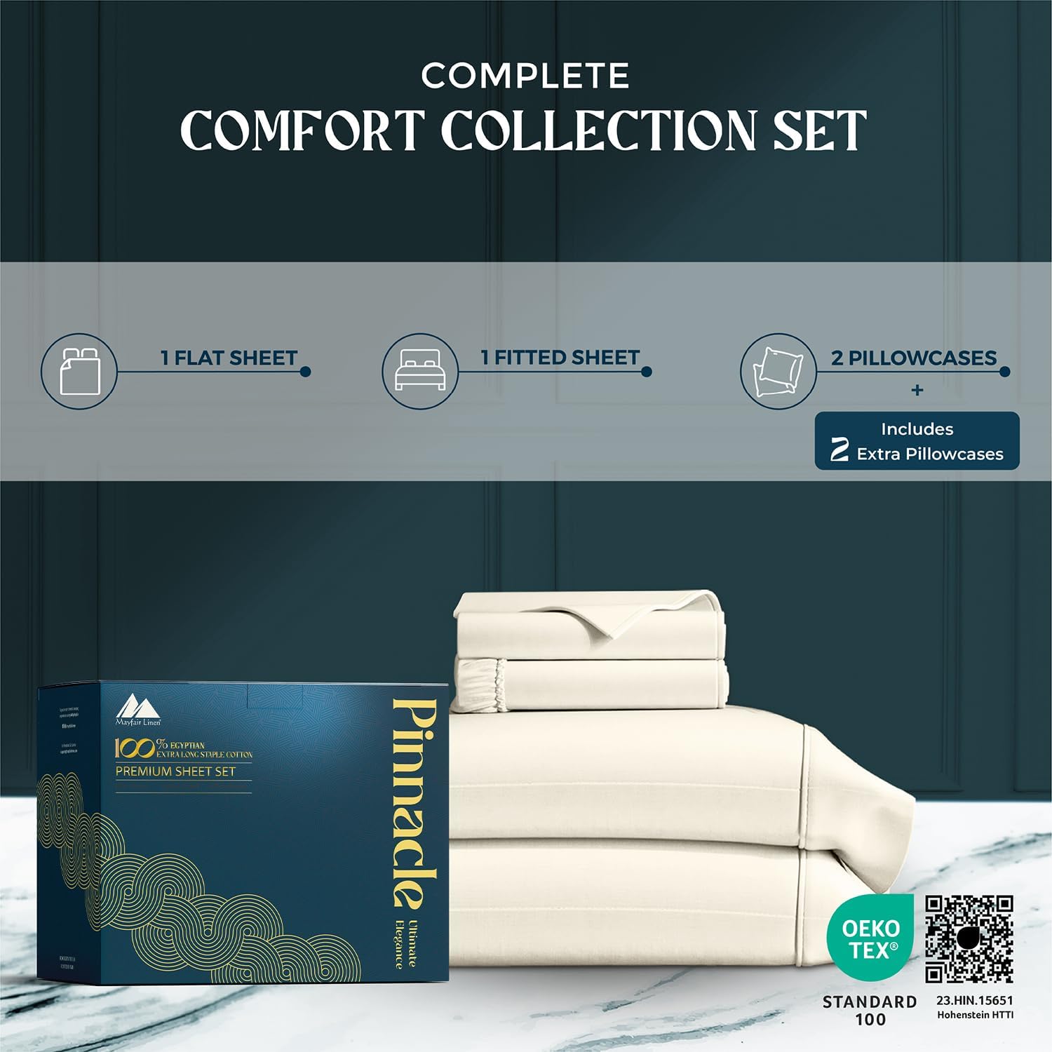 Mayfair Linen 100% Egyptian Cotton Sheets Queen Size - 1500 Series Queen Size Sheets Set Egyptian Cotton, Luxury Bedsheet (Ivory, 4 PC), Soft, Cooling, 17' Deep Pocket Sateen Weave Bedsheet Set