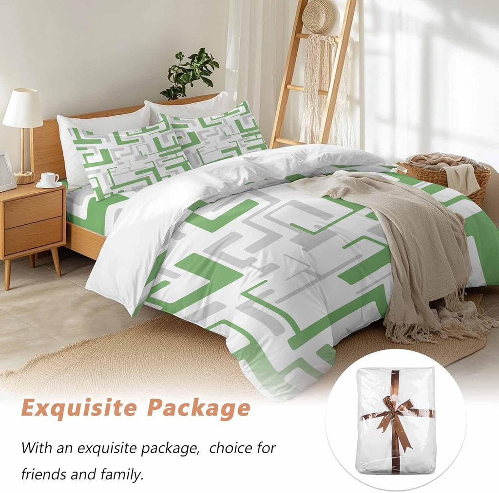 Prime Leader Green Gray Geometric Stripes Duvet Cover Set Queen Size 4 Pieces Modern Abstract Lines Maze Bedding Set with Zipper Closure, 1 Comforter Cover 92x106 Inches 1 Flat Sheet & 2 Pillow Cases