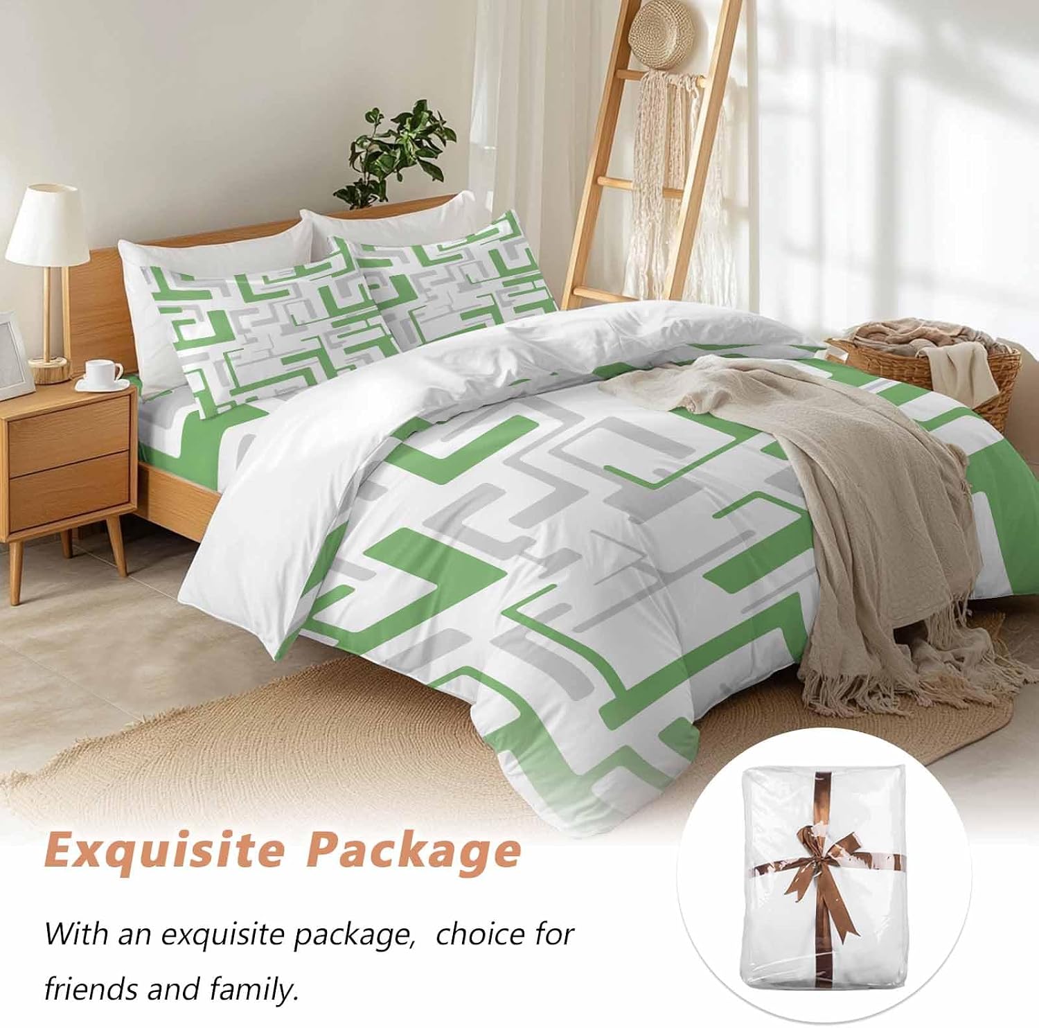 Prime Leader Green Gray Geometric Stripes Duvet Cover Set Queen Size 4 Pieces Modern Abstract Lines Maze Bedding Set with Zipper Closure, 1 Comforter Cover 92x106 Inches 1 Flat Sheet & 2 Pillow Cases