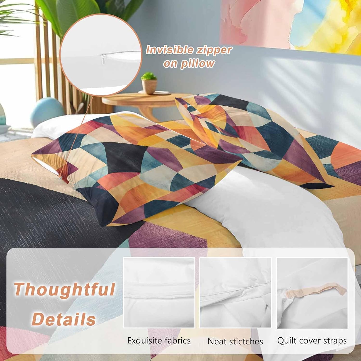 Prime Leader Abstract Art Duvet Cover Set Queen Size 4 Pieces Colorful Geometric Color Block Bedding Set with Zipper Closure, 1 Comforter Cover 92x106 Inches 1 Flat Sheet & 2 Pillow Cases