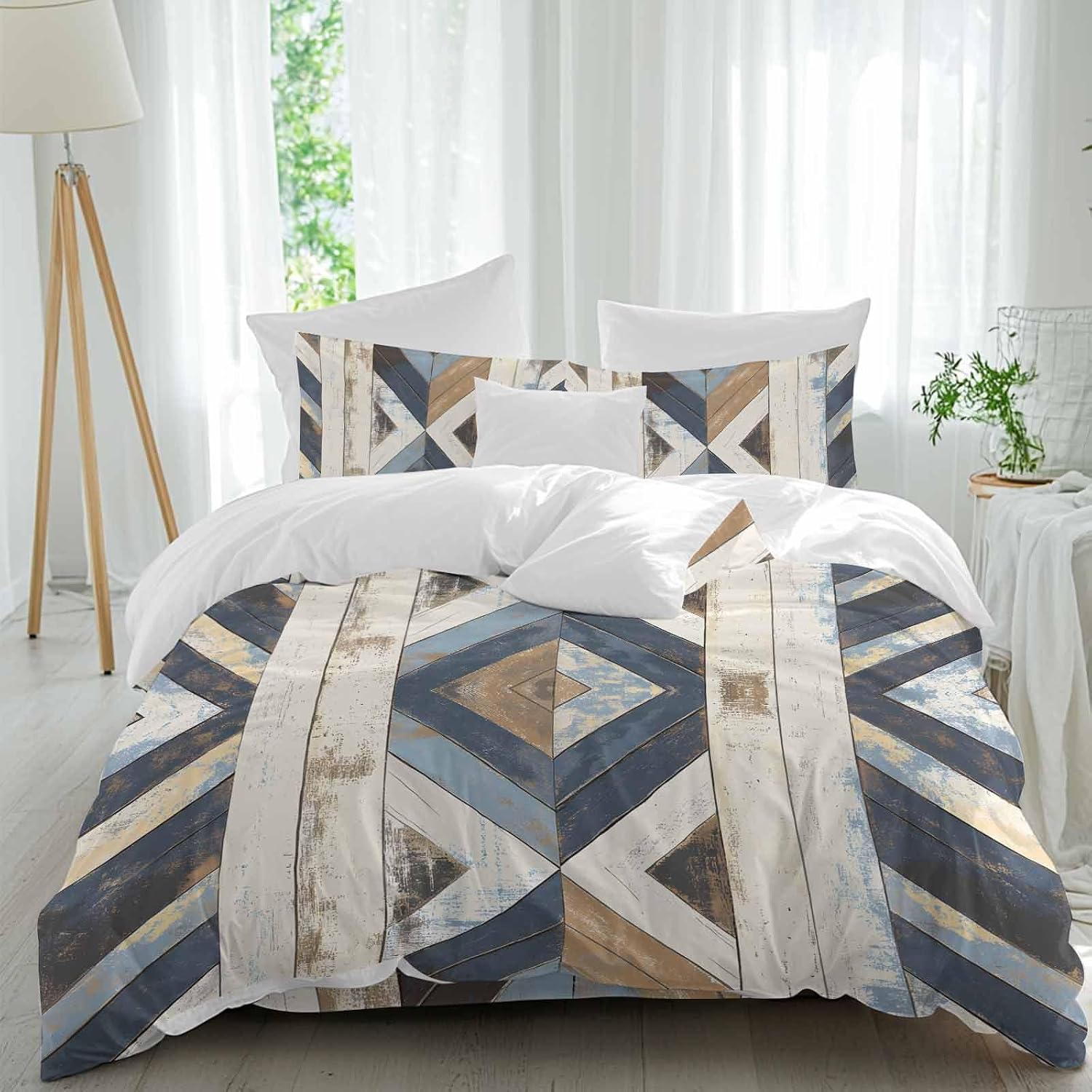 Vintage Duvet Cover Set Queen Size 4 Pieces Western Aztec Geometric Strip Wood Texture Farmhouse Bedding Set with Zipper Closure, 1 Comforter Cover 92x106 Inches 1 Flat Sheet & 2 Pillow Cases