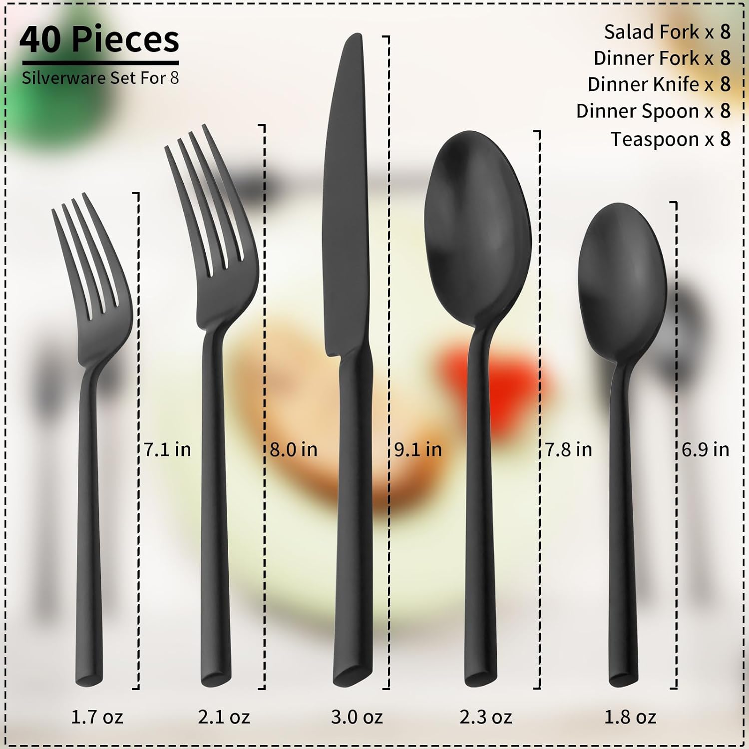 Alata Potter Black 40-Piece Forged Silverware Set, Service for 8, Stainless Steel Flatware Set, Modern Design with Satin Finish, Ideal for Home, Kitchen, Party, Camping