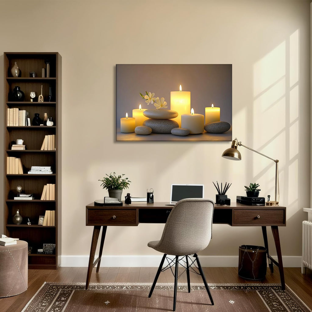 Large Zen Canvas Wall Art SPA Stones with Candle Picture Bathroom Decor Framed Black Posters Still Life Painting Meditation Spiritual Prints for Walls Ready to Hang - 28.00'x42.00'