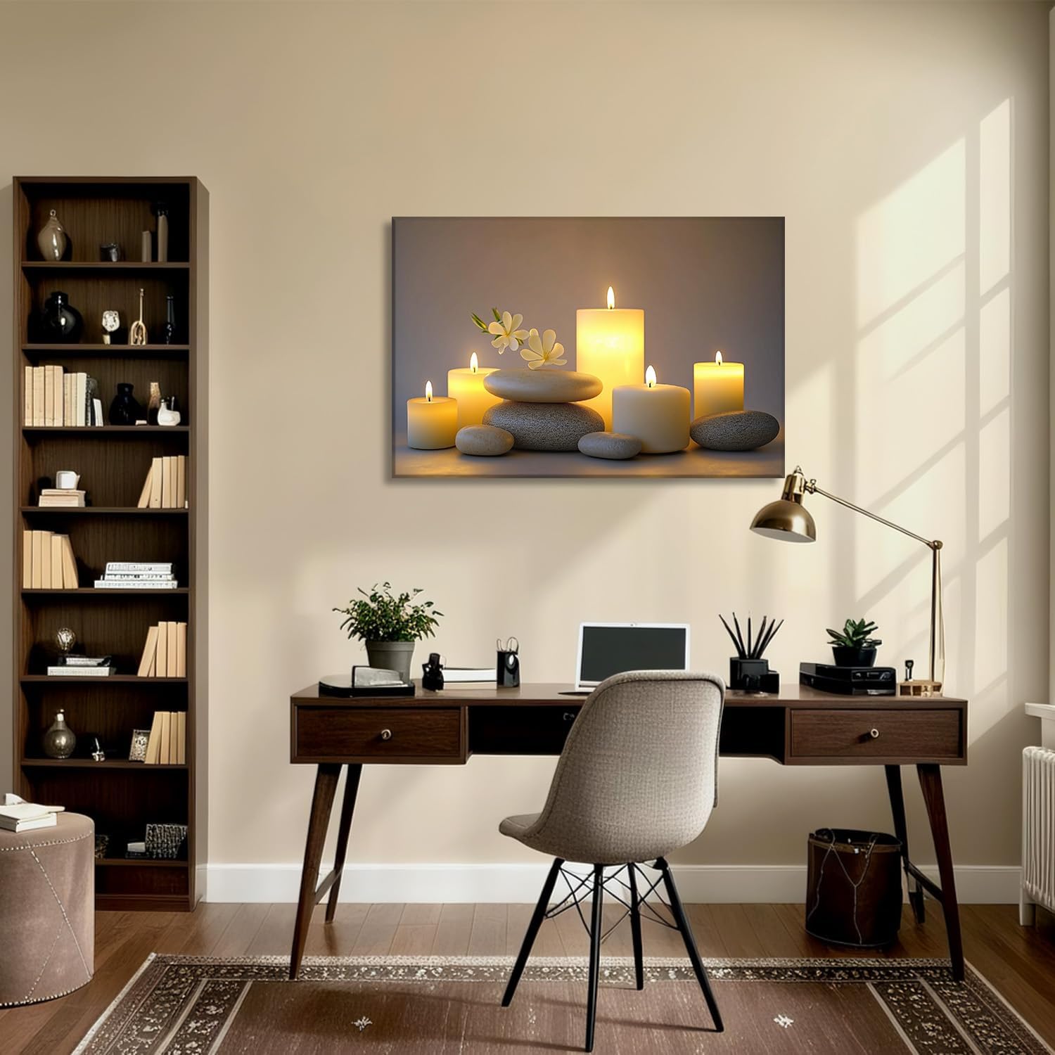 Large Zen Canvas Wall Art SPA Stones with Candle Picture Bathroom Decor Framed Black Posters Still Life Painting Meditation Spiritual Prints for Walls Ready to Hang - 28.00'x42.00'
