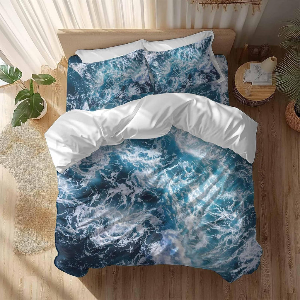 Dark Blue Ocean Scenery Duvet Cover Set Queen Size 4 Pieces Ombre Sea Waves Natural Modern Art Bedding Set with Zipper Closure, 1 Comforter Cover 86x86 Inches 1 Flat Sheet & 2 Pillow Cases