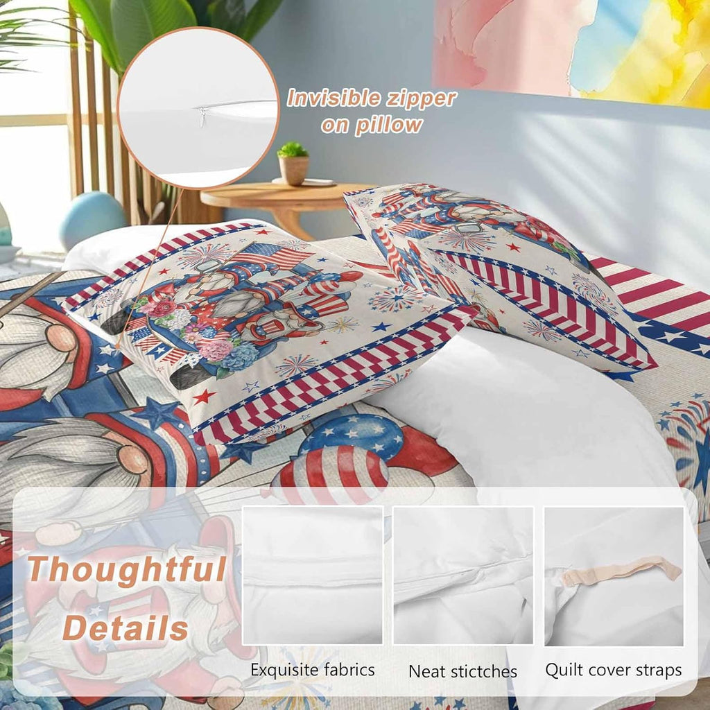 250th US Anniversary Duvet Cover Set Queen Size 4 Pieces Independence Day Gnomes Blue Truck Retro Bedding Set with Zipper Closure, 1 Comforter Cover 90x92 Inches 1 Flat Sheet & 2 Pillow Cases