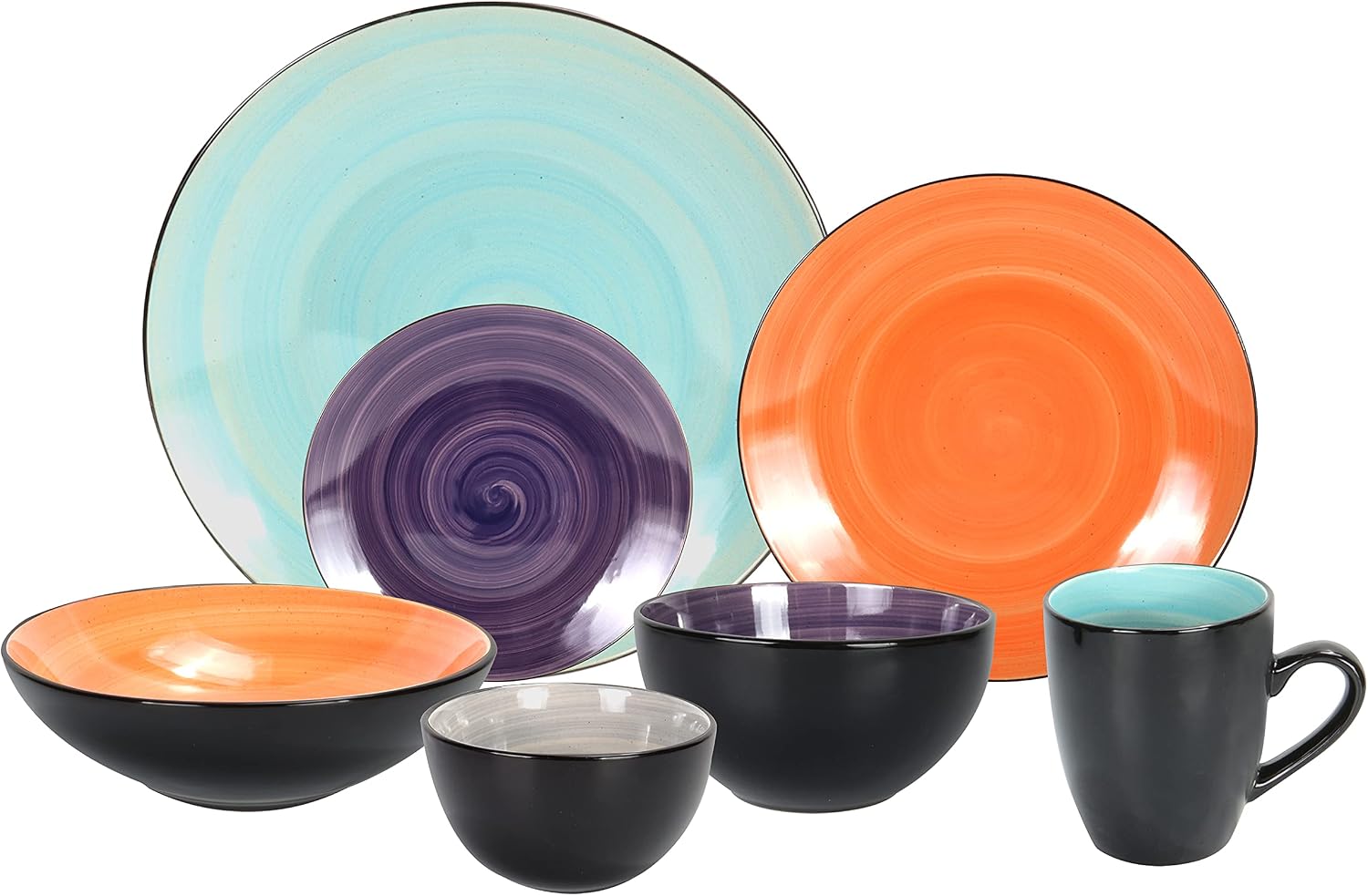Stoneware Sonoma 56pc Dinnerware Set, Black + Speckled Spin Wash Mixed Colors of Purple, Turquoise, Orange and Grey