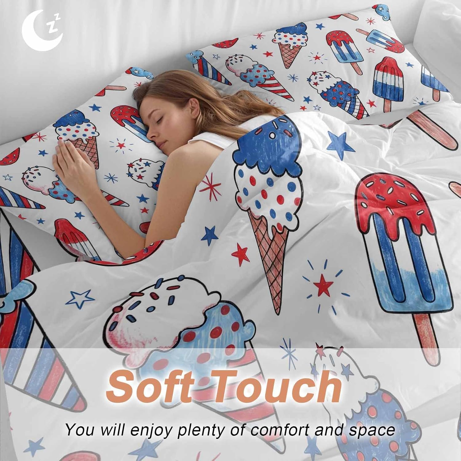 Prime Leader Red Blue Ice Cream Duvet Cover Set Queen Size 4 Pieces Independence Day Watercolor Ice Cream Bedding Set with Zipper Closure, 1 Comforter Cover 86x86 Inches 1 Flat Sheet & 2 Pillow Cases