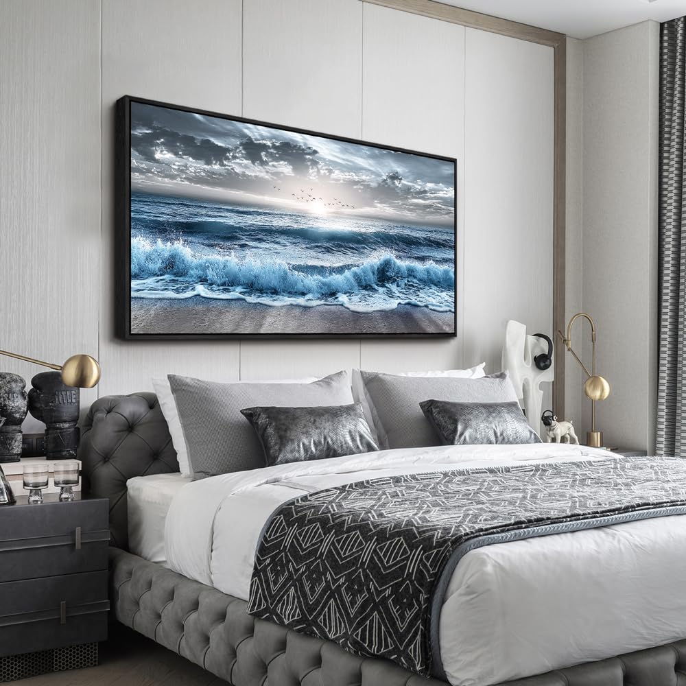 ERQINHUA Large Wall Decor For Bedroom Wall Art For Living Room Office Decor Blue Beach Sea Wave Paintings Sunrise Ocean Seascape Wall Pictures Canvas Artwork Modern Home Decor Black Frame 30x60 In