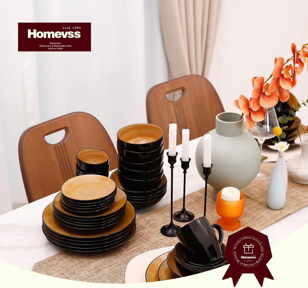 Stoneware Sonoma 56pc Dinnerware Set, Black + Speckled Spin Wash Yellow