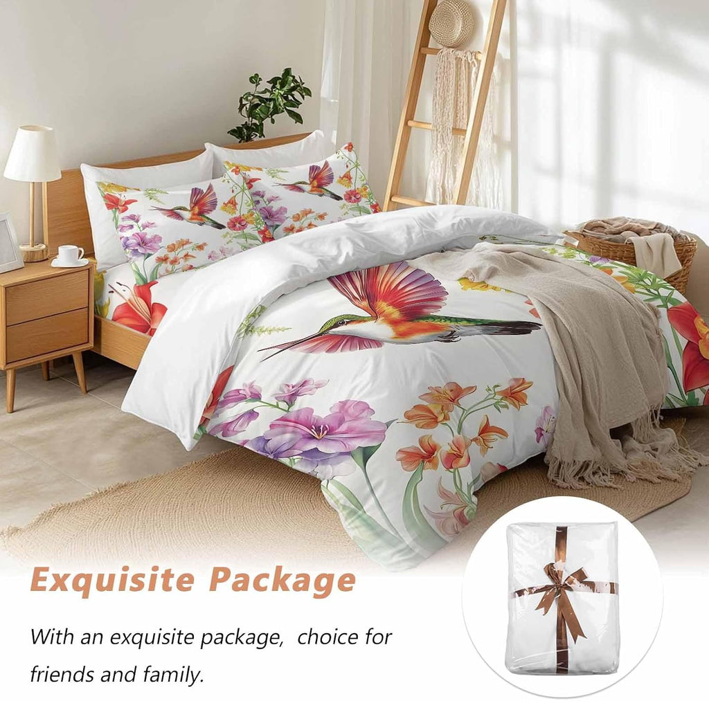 Prime Leader Retro Duvet Cover Set Queen Size 4 Pieces Hummingbird Wildflowers Pastoral Spring Scenery Bedding Set with Zipper Closure, 1 Comforter Cover 90x92 Inches 1 Flat Sheet & 2 Pillow Cases