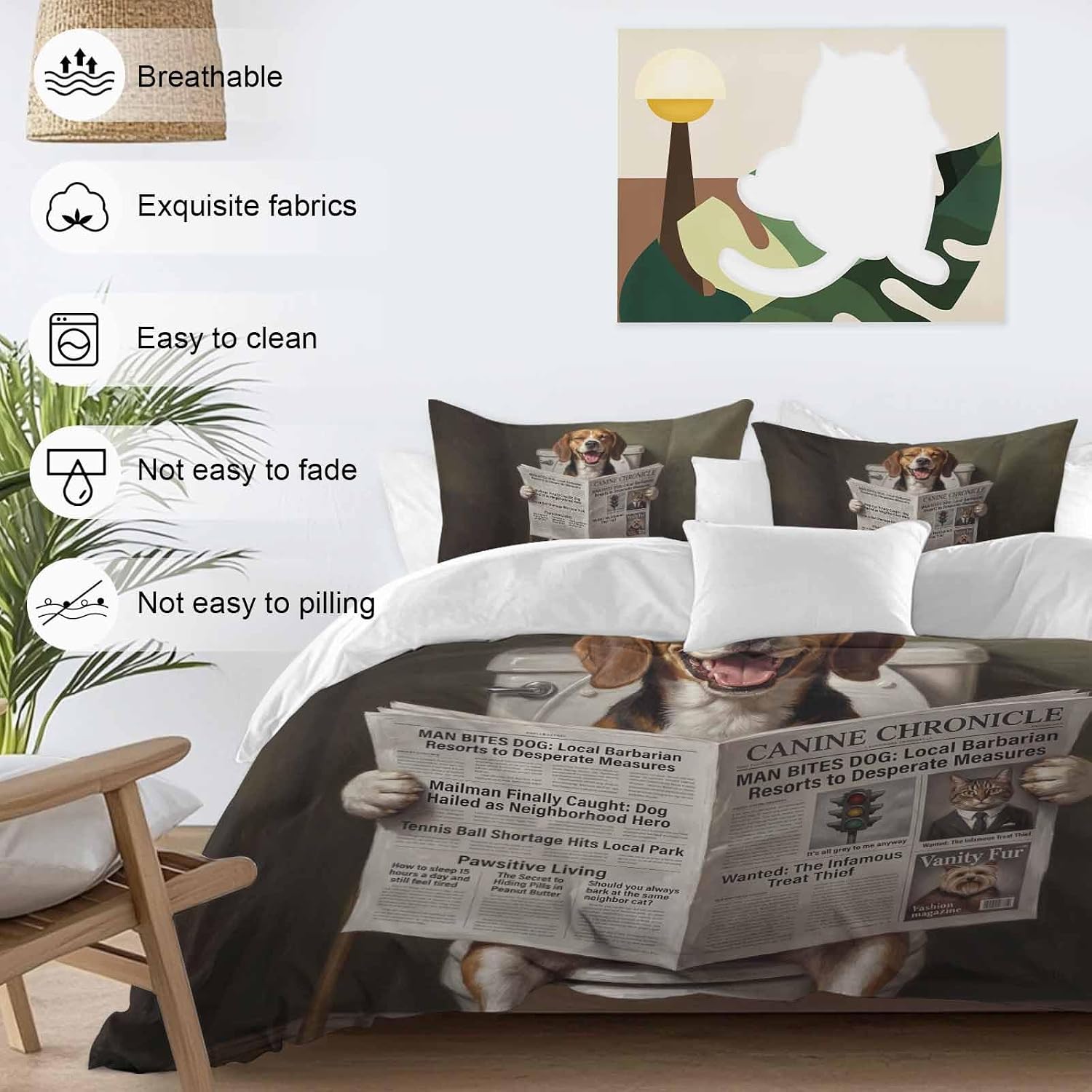 Prime Leader Funny Dog Puppy Duvet Cover Set Queen Size 4 Pieces Cute Beagle Cartoon Newspaper Toilet Bedding Set with Zipper Closure, 1 Comforter Cover 90x92 Inches 1 Flat Sheet & 2 Pillow Cases